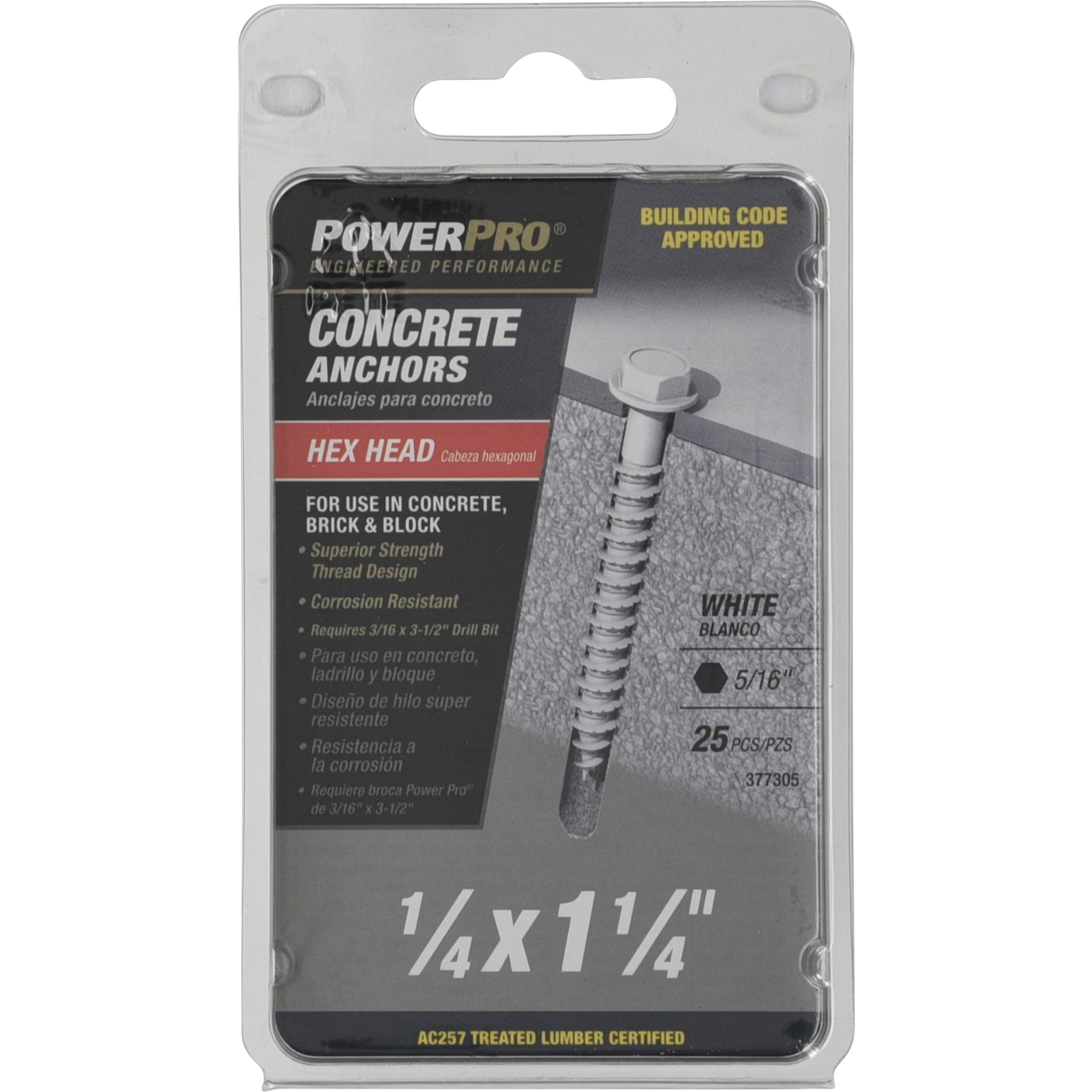 Power Pro White Hex Washer-Head Concrete Screw Anchor (1/4 in. x 1-1/4 in.) - 25 pc