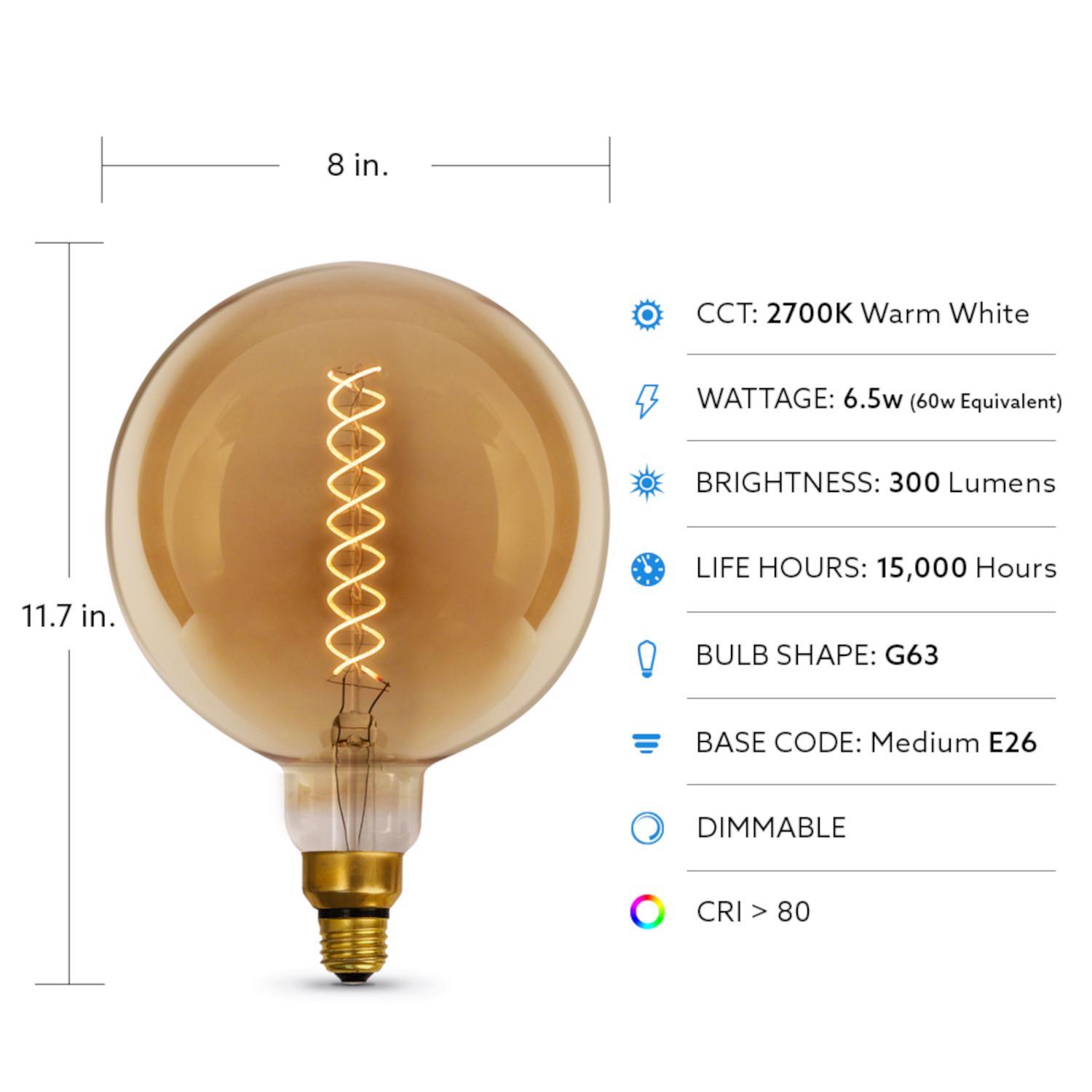 Feit G63 E26 (Medium) Filament LED Bulb Amber White 60 Watt Equivalence 1 pk