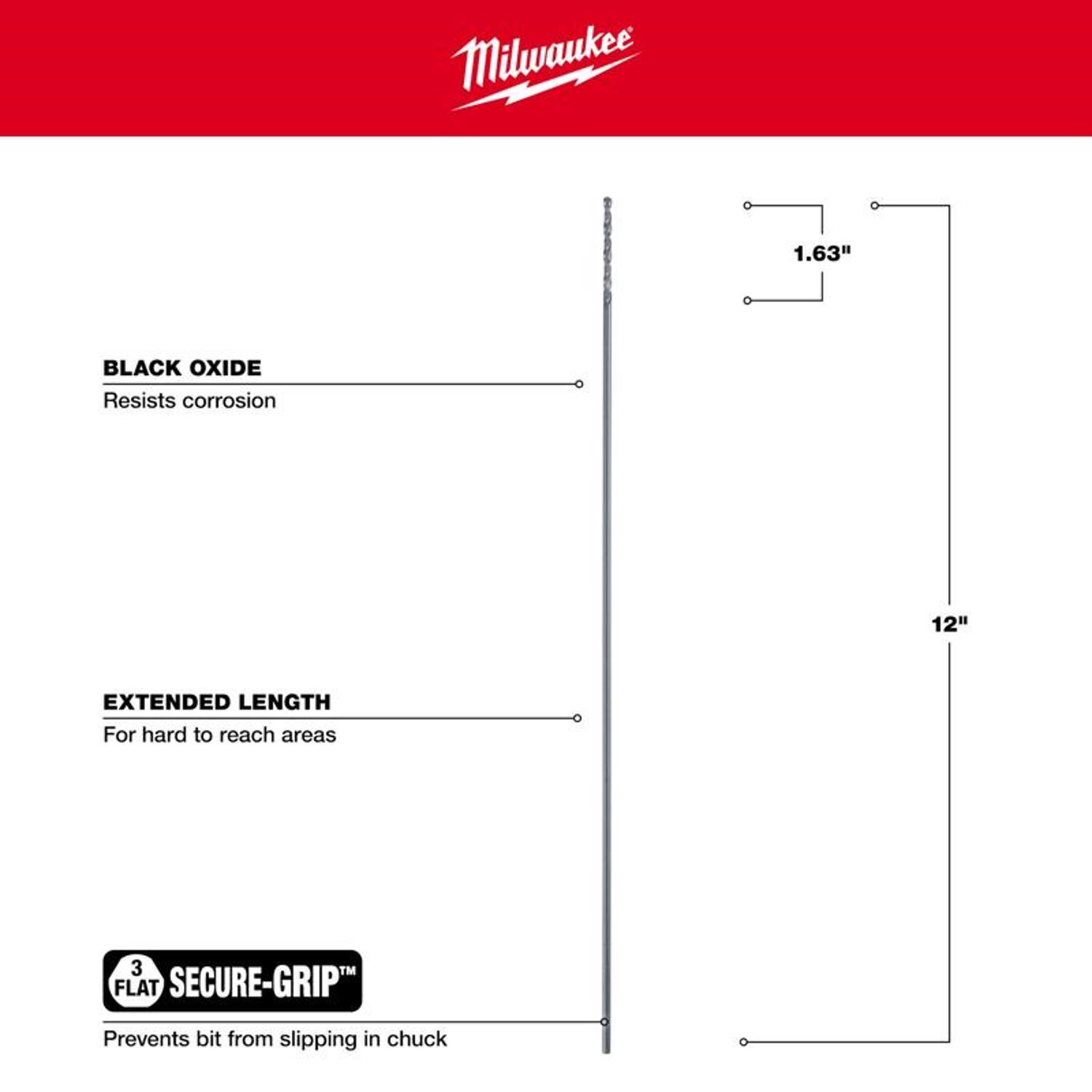 Milwaukee 1/8 in. X 12 in. L Aircraft Length Drill Bit 3-Flat Shank 1 pc