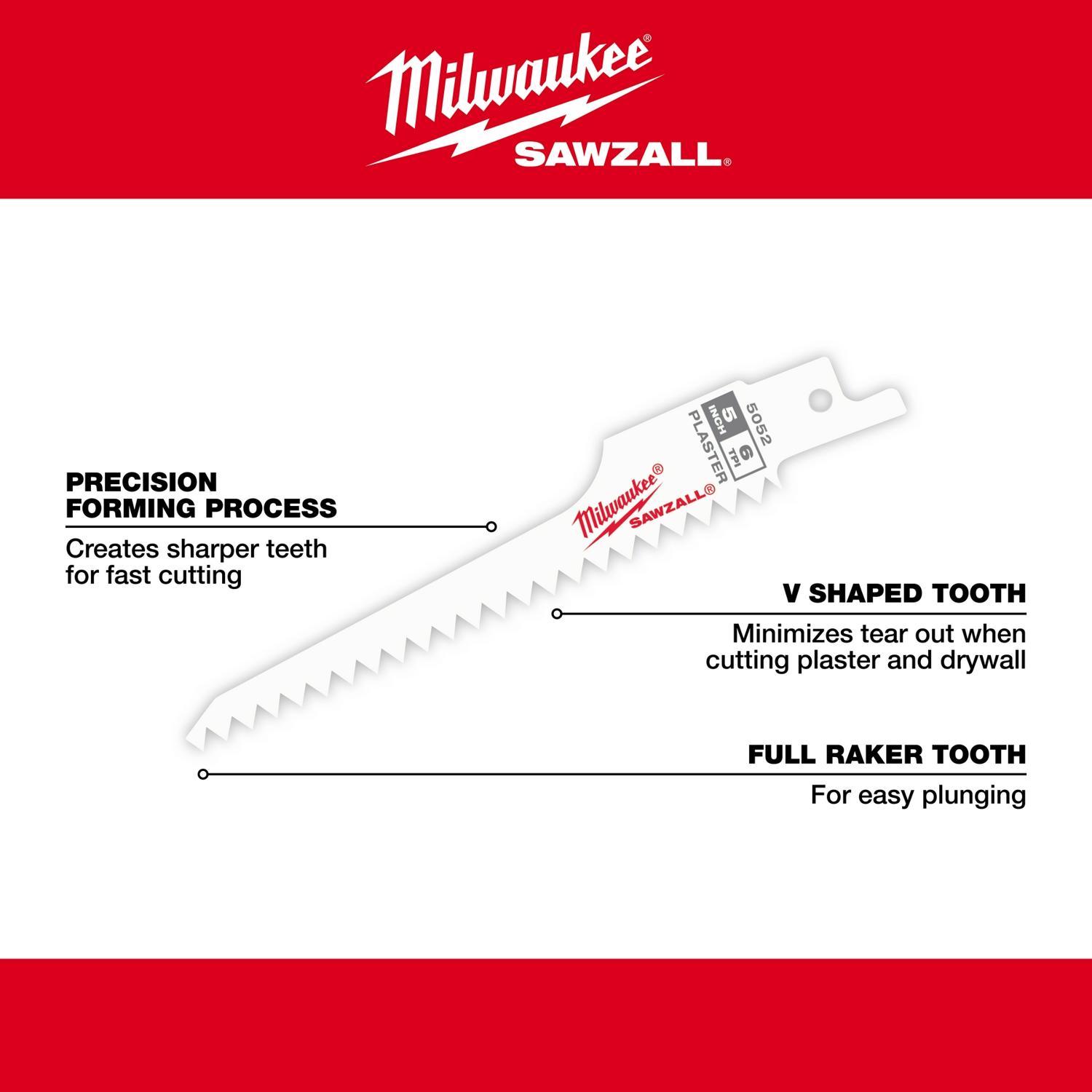 Milwaukee Sawzall 5 in. Bi-Metal Plaster Reciprocating Saw Blade 6 TPI 5 pk