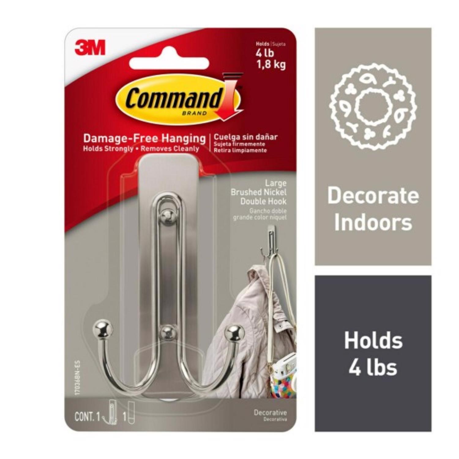 3M Command 2 in. L Brushed Nickel Metal Large Double Hook 4 lb. cap. 1 pk
