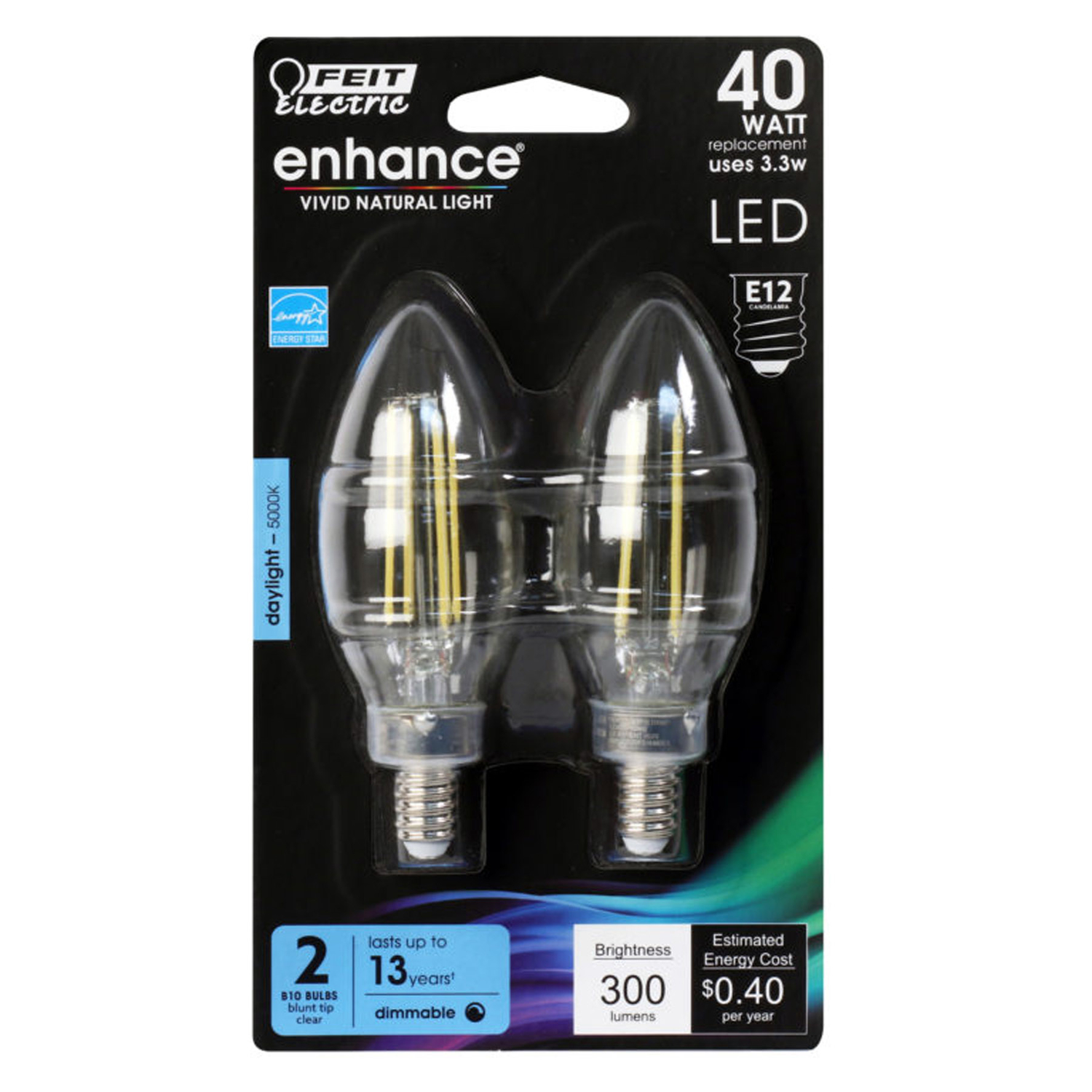 Feit Electric Enhance B10 E12 (Candelabra) Filament LED Bulb Daylight 40 Watt Equivalence 2 pk