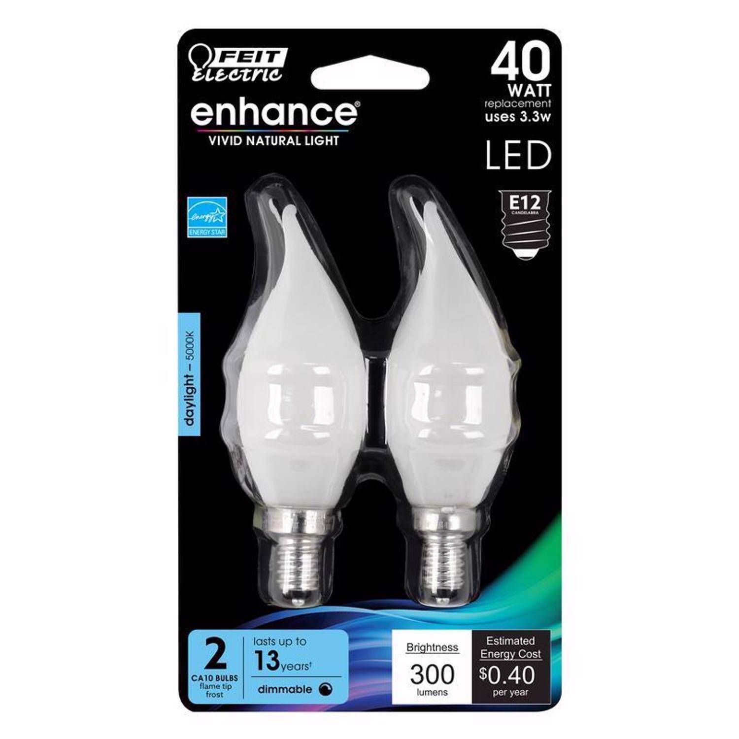 Feit Enhance CA10 (Flame Tip) E12 (Candelabra) Filament LED Bulb Daylight 40 Watt Equivalence 2 pk