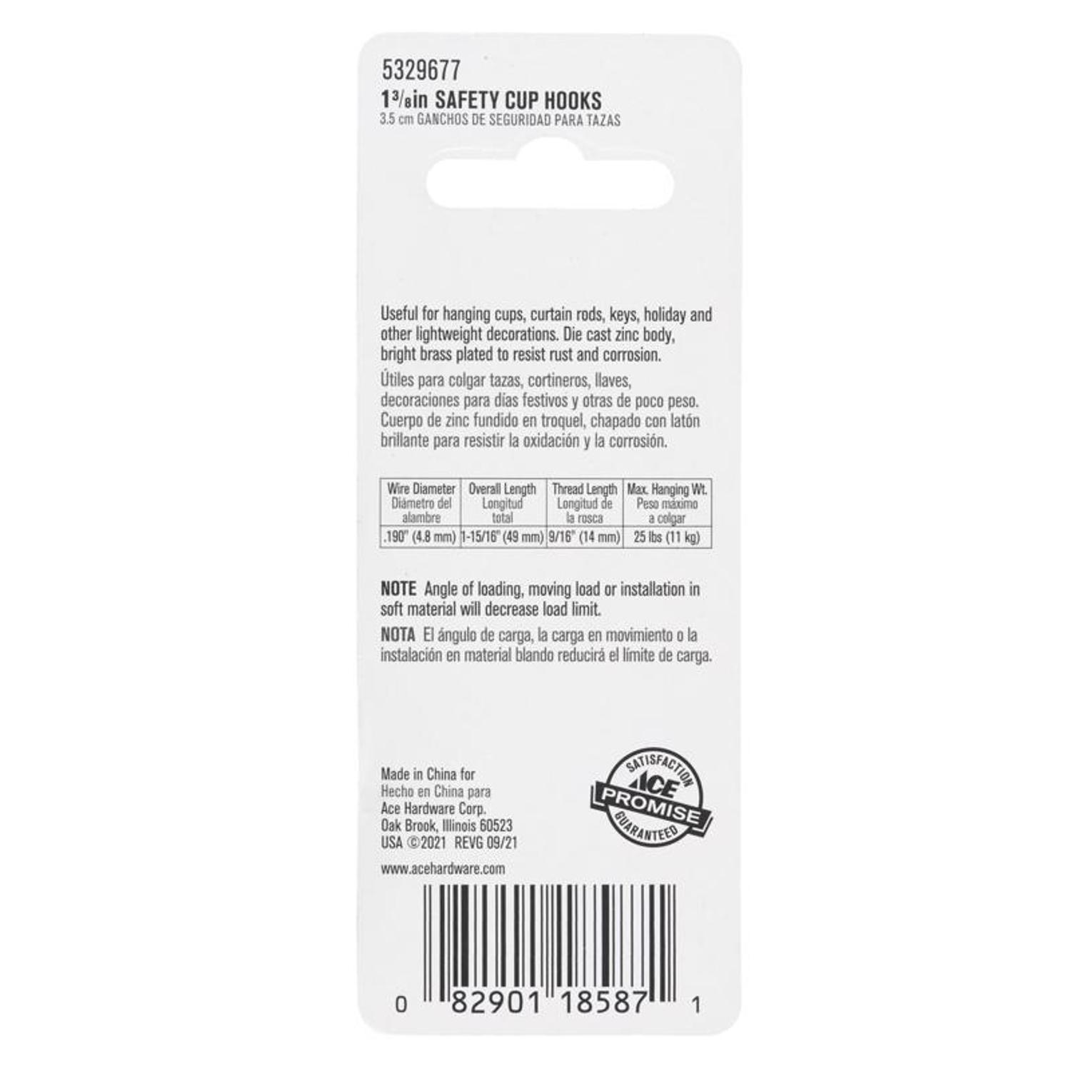 Ace Small Polished Brass Brass Steel 1.9375 in. L Cup Hook 25 lb 3 pk