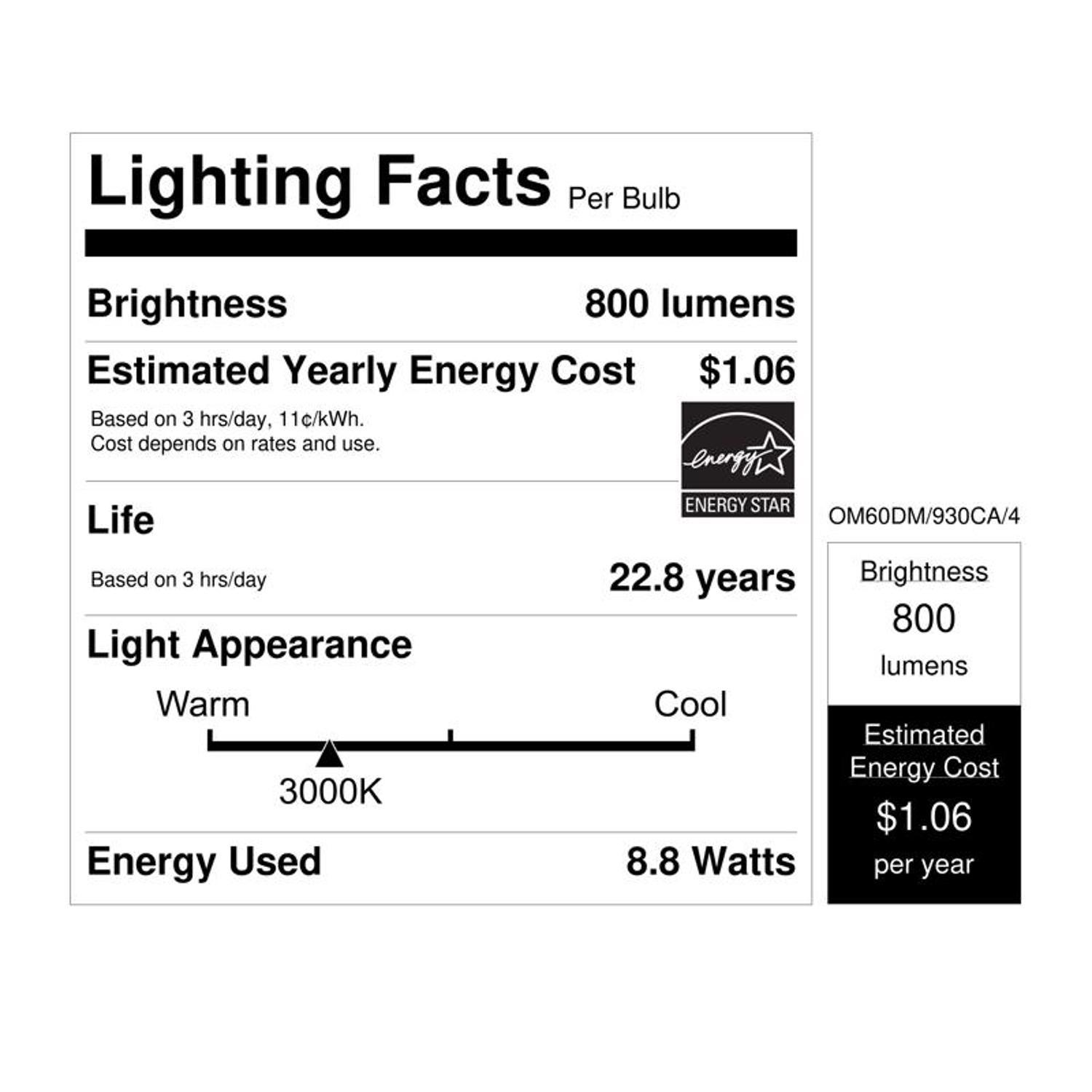 Feit A19 E26 (Medium) LED Bulb Bright White 60 Watt Equivalence 4 pk