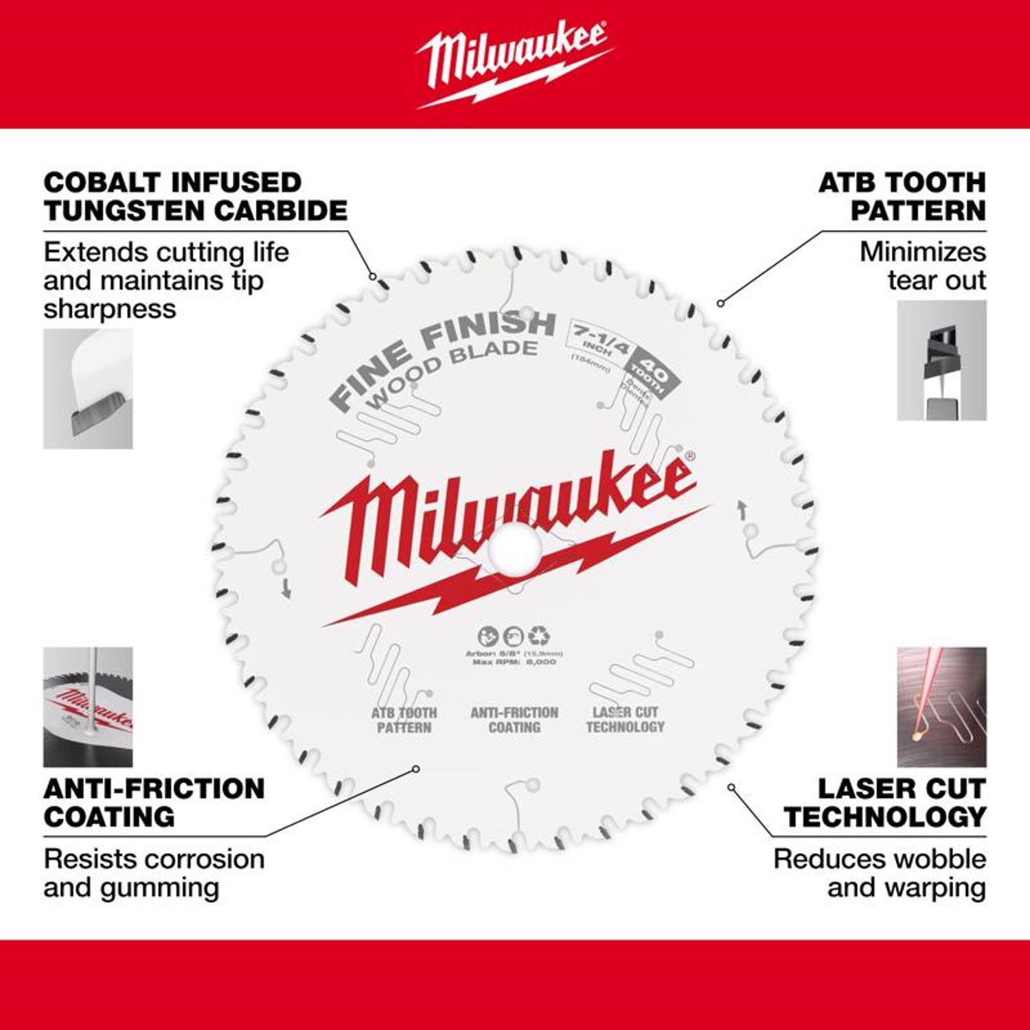 Milwaukee 7-1/4 in. D X 5/8 in. Fine Finish Tungsten Carbide Circular Saw Blade 40 teeth 1 pc