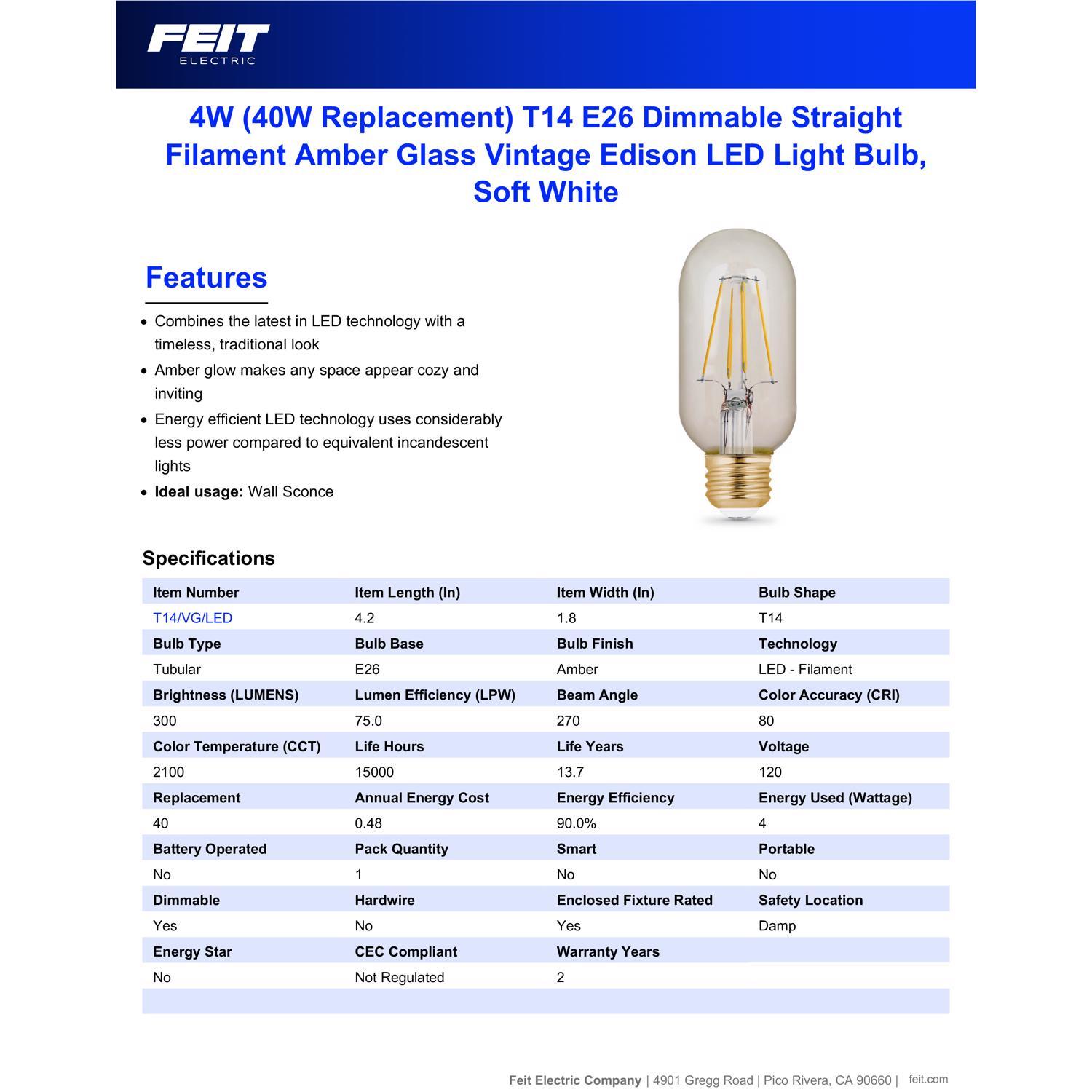 Feit T14 E26 (Medium) LED Bulb Amber Soft White 40 Watt Equivalence 1 pk
