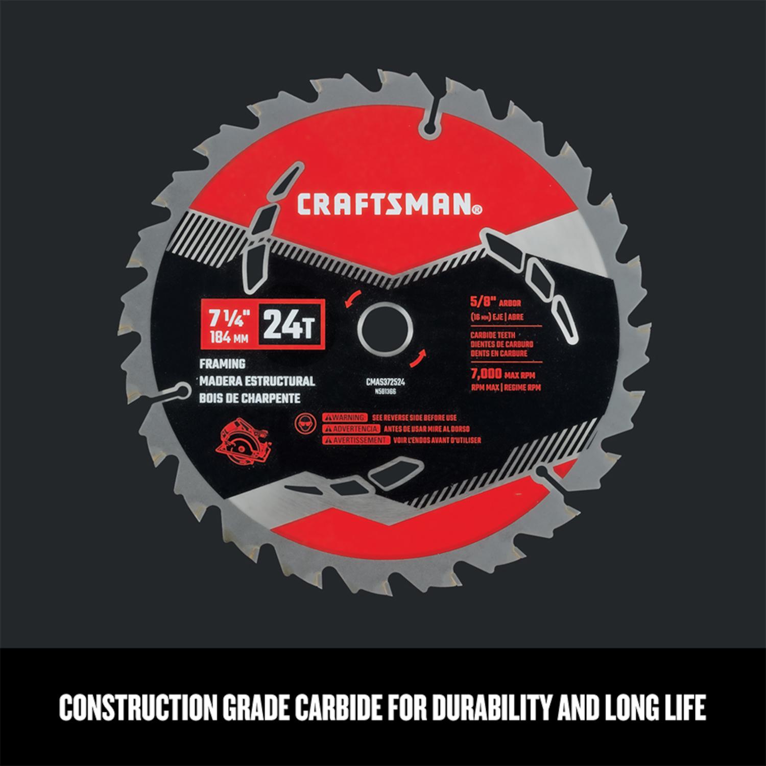 CRAFTSMAN 7-1/4 in. D X 5/8 in. High Performance Carbide Circular Saw Blade 24 teeth 1 pk