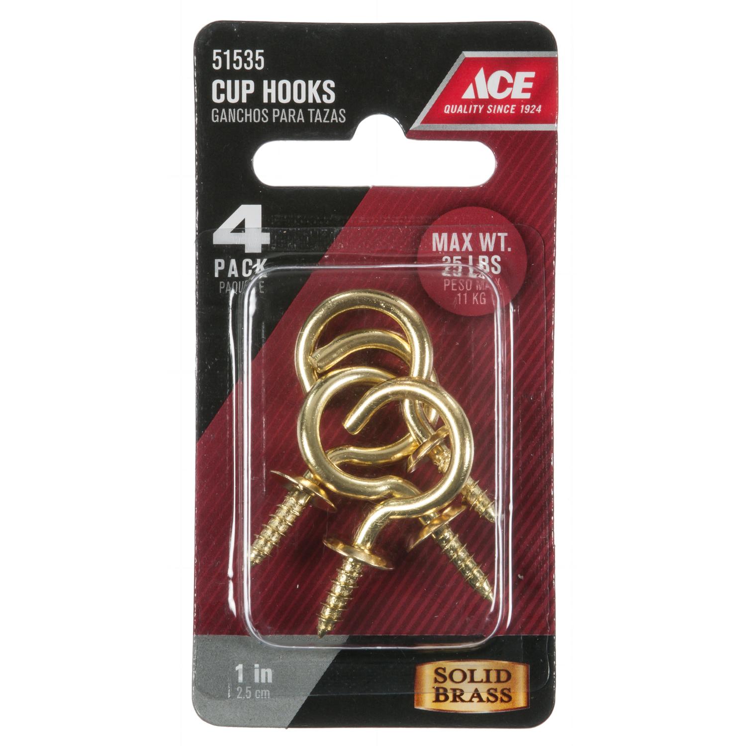 Ace Medium Polished Brass Green Brass 1 in. L Cup Hook 25 lb 4 pk