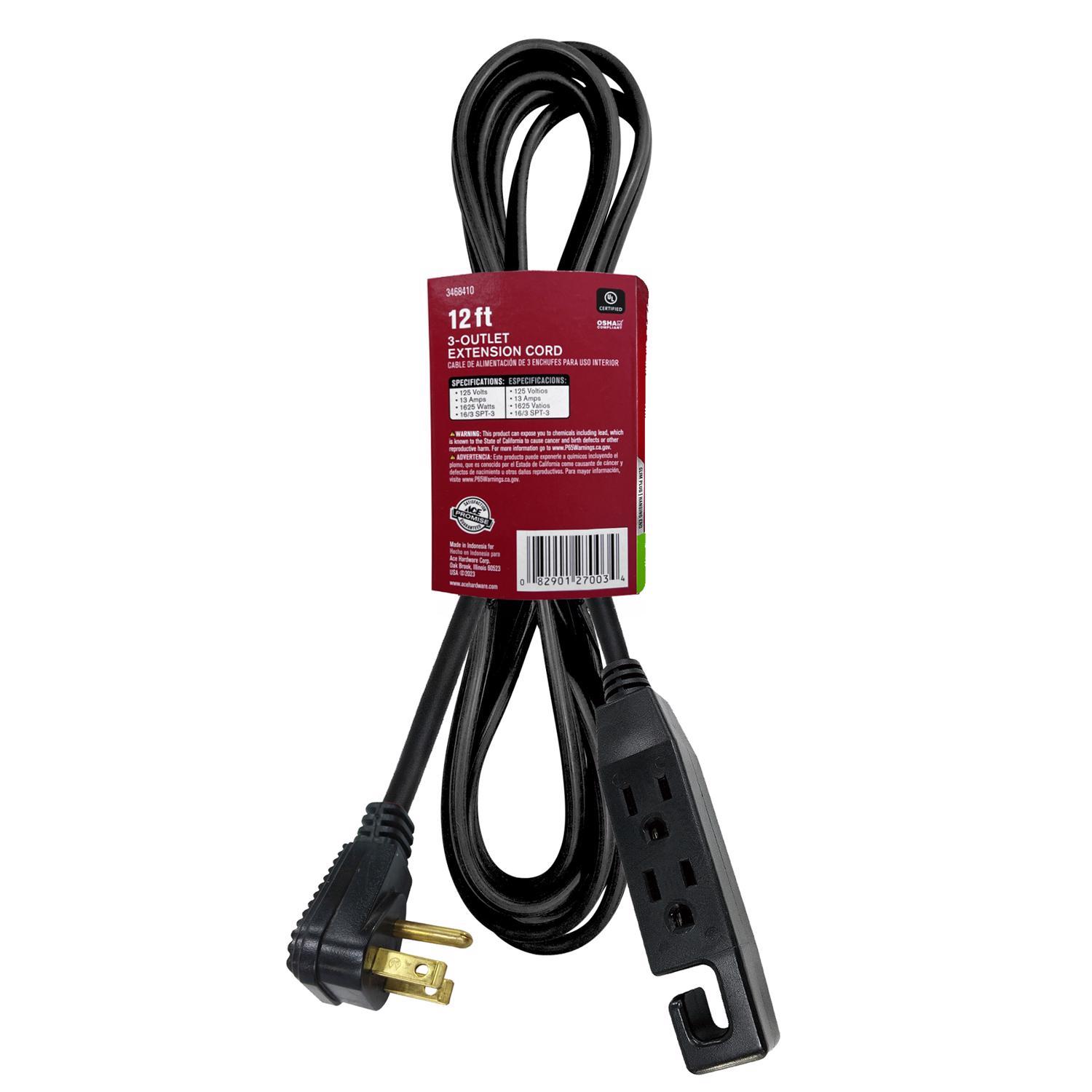 Ace Indoor 12 ft. L Black Extension Cord 16/3 SPT-3