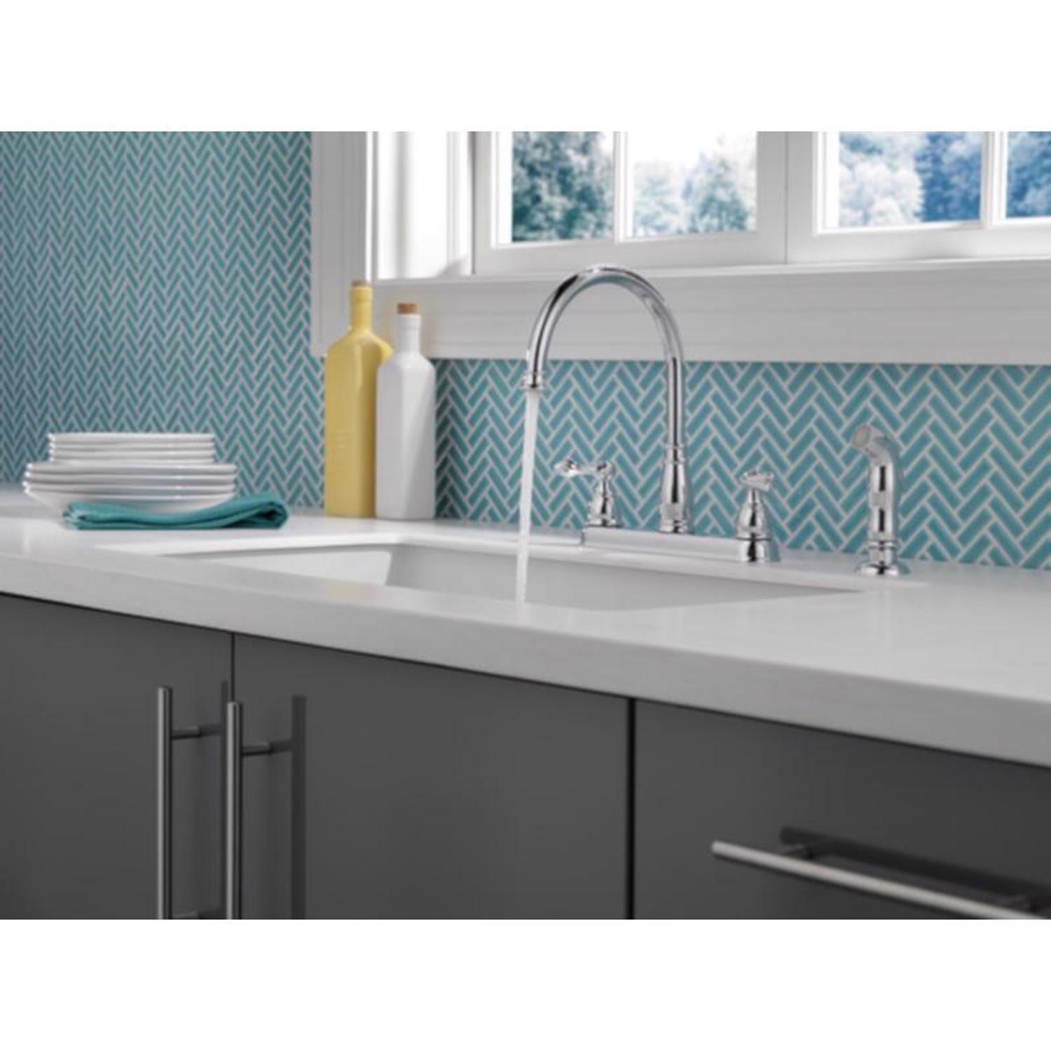 Delta Windemere Two Handle Chrome Kitchen Faucet Side Sprayer Included