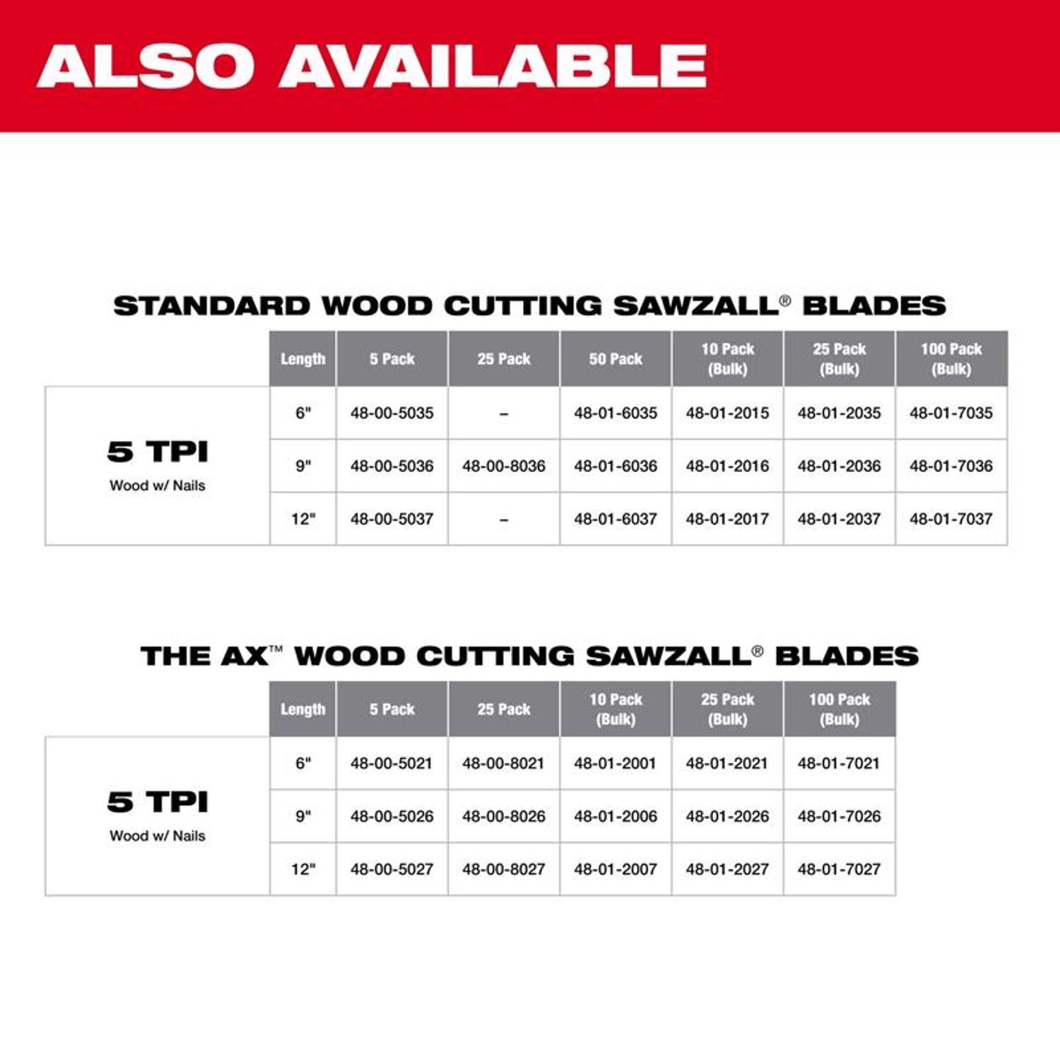 Milwaukee The AX 12 in. Bi-Metal Wood demolition Reciprocating Saw Blade 5 TPI 5 pk