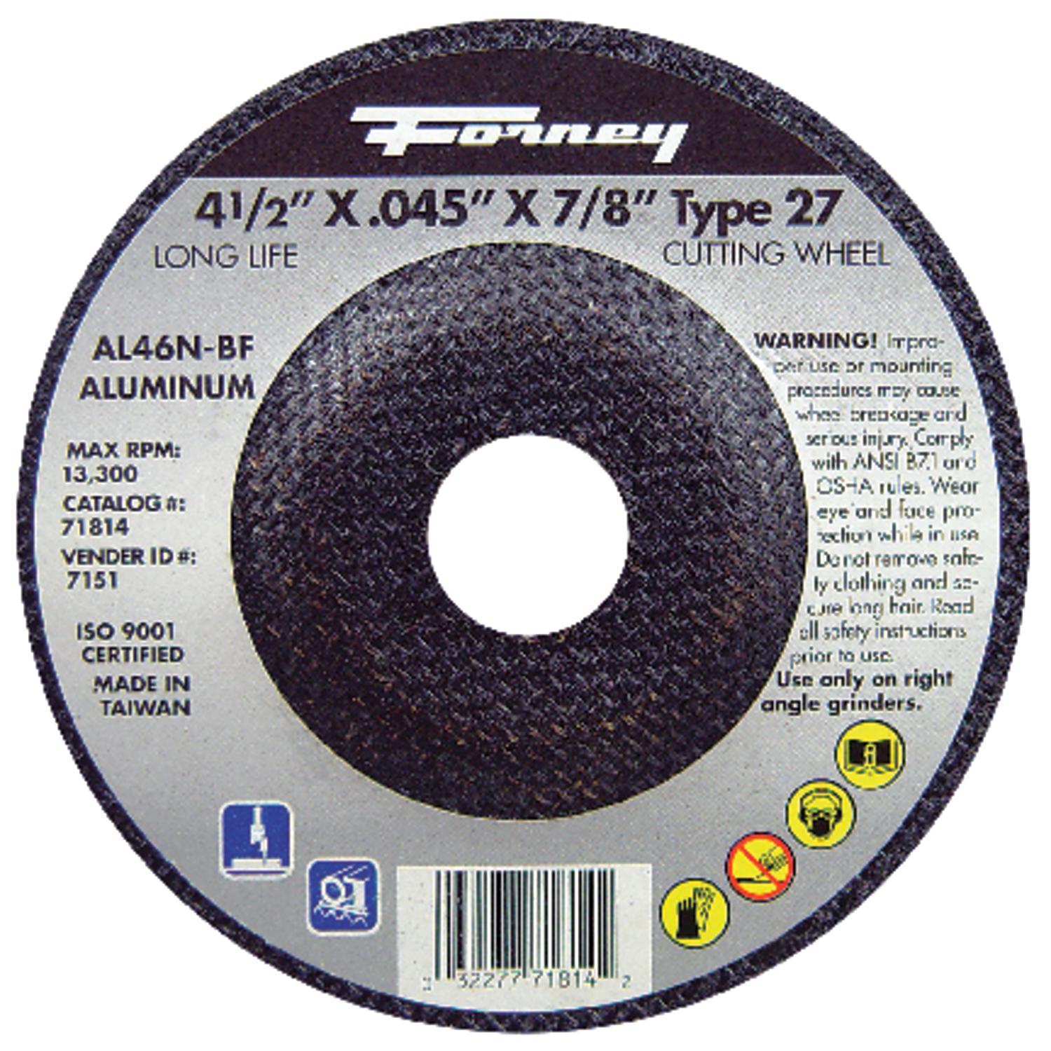 Forney 4-1/2 in. D X 7/8 in. X.045 in. thick Aluminum Oxide Metal Cut-Off Wheel 1 pc