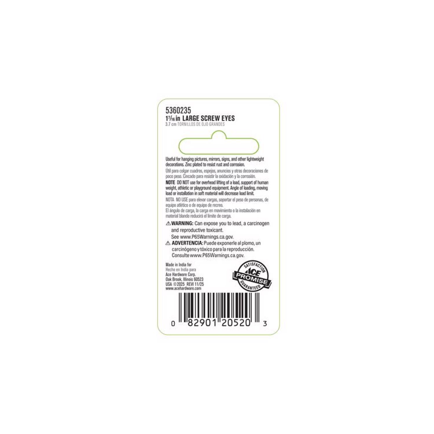 Ace 5/32 in. D X 1-7/16 in. L Zinc-Plated Steel Screw Eye 45 lb. cap. 8 pk