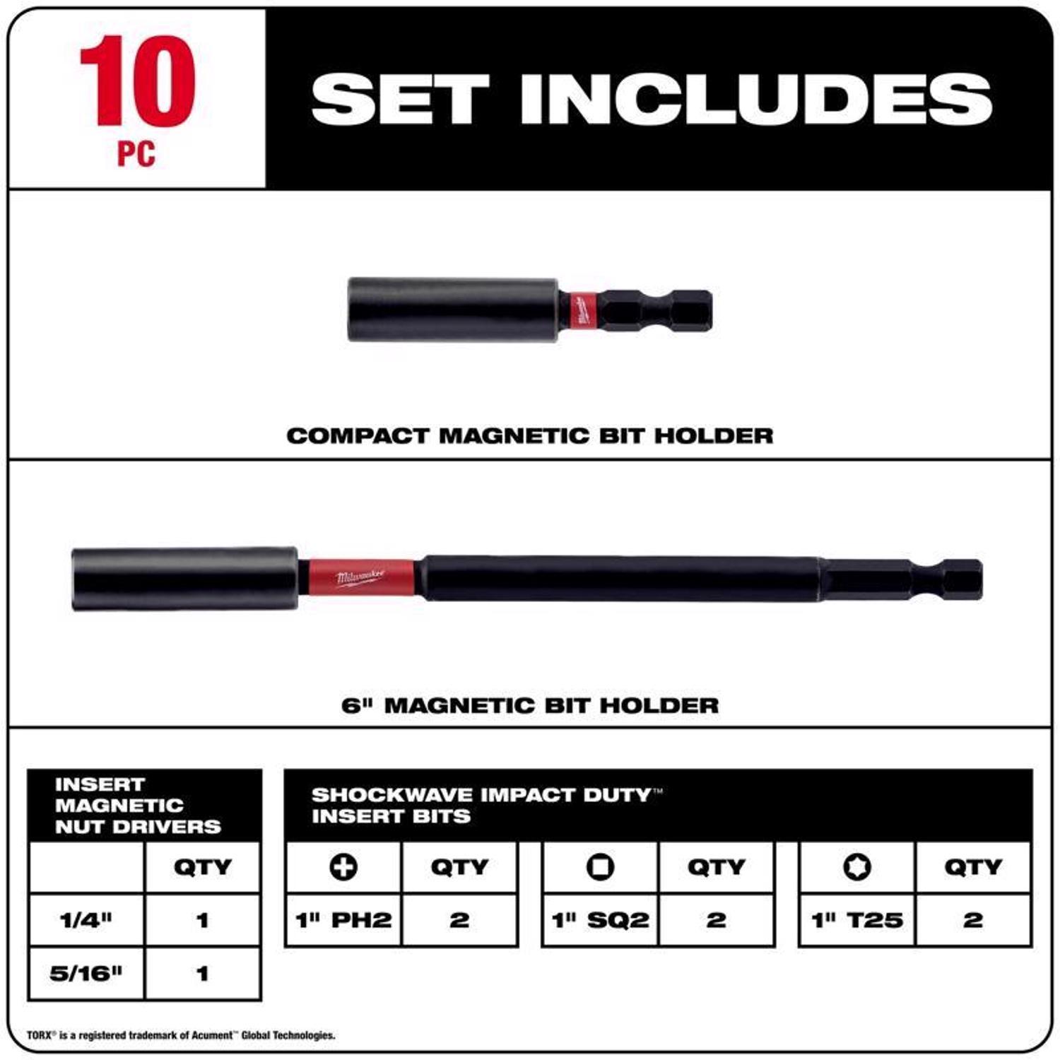 Milwaukee Shockwave Phillips/Square Recess/Torx 6 in. L Impact Insert Bit and Bit Holder Set Steel 1