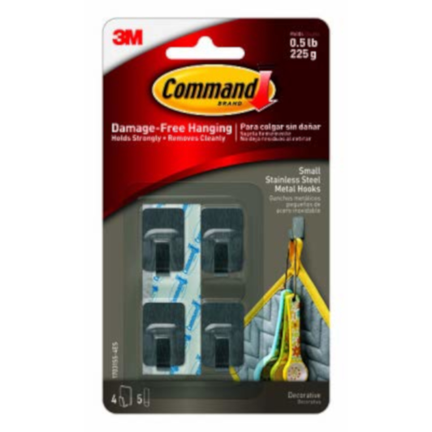 3M Command Stainless Steel Metal Small Hook 0.5 lb. cap. 4 pk