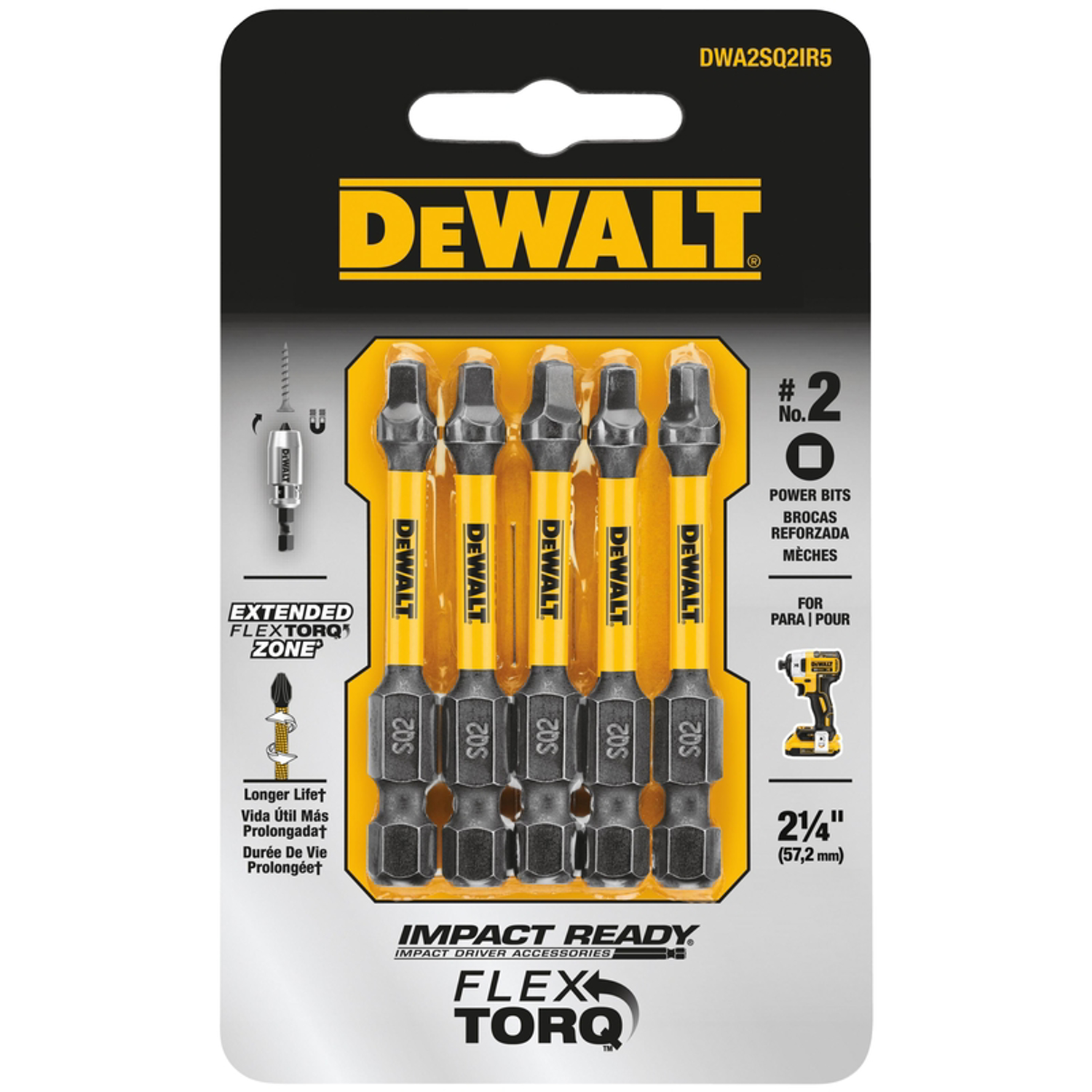 DeWalt FlexTorq Square #2 X 2 in. L Impact Driver Bit Black Oxide 5 pc