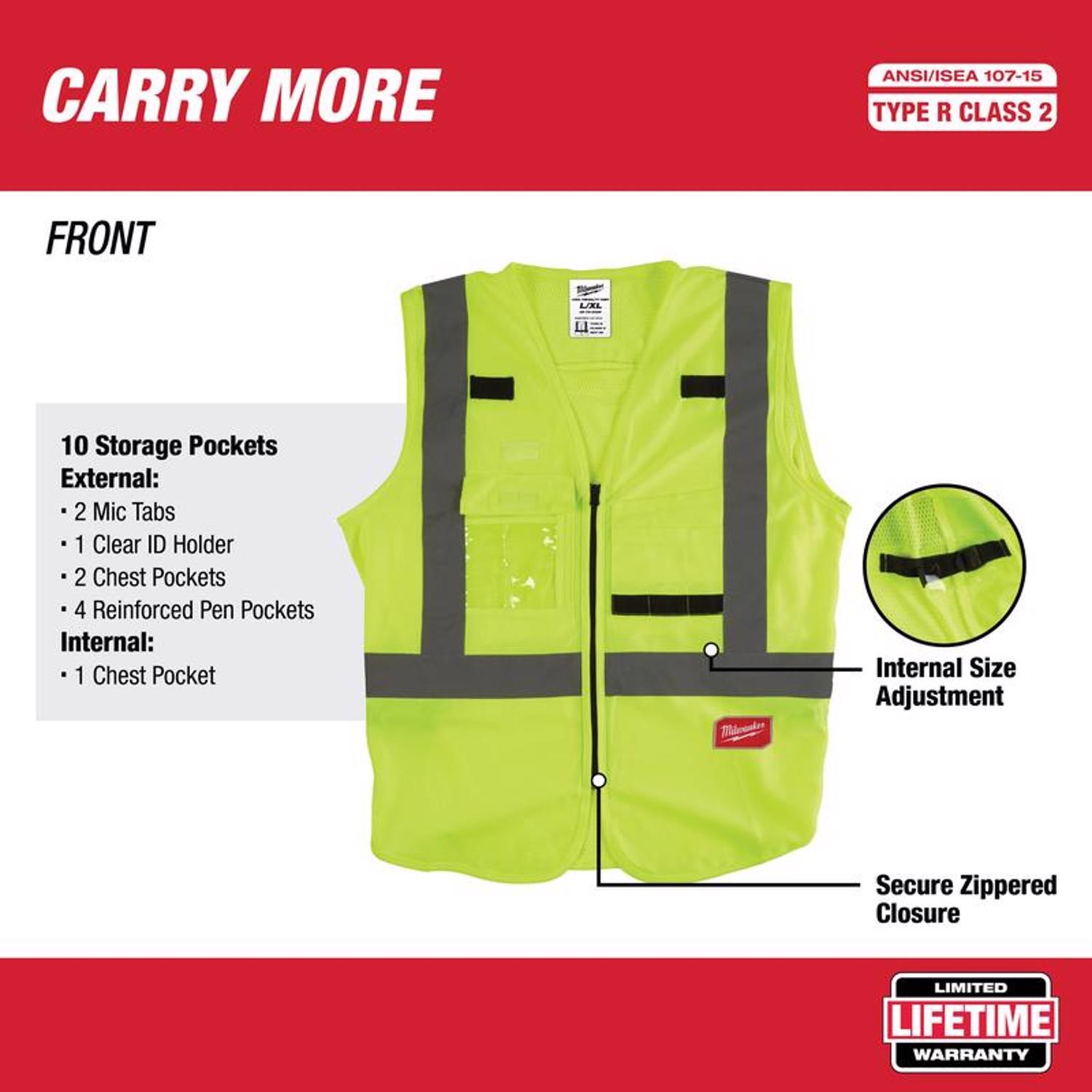 Milwaukee Class 2 with 10 Pockets Safety Vest High Visibility Yellow L/XL