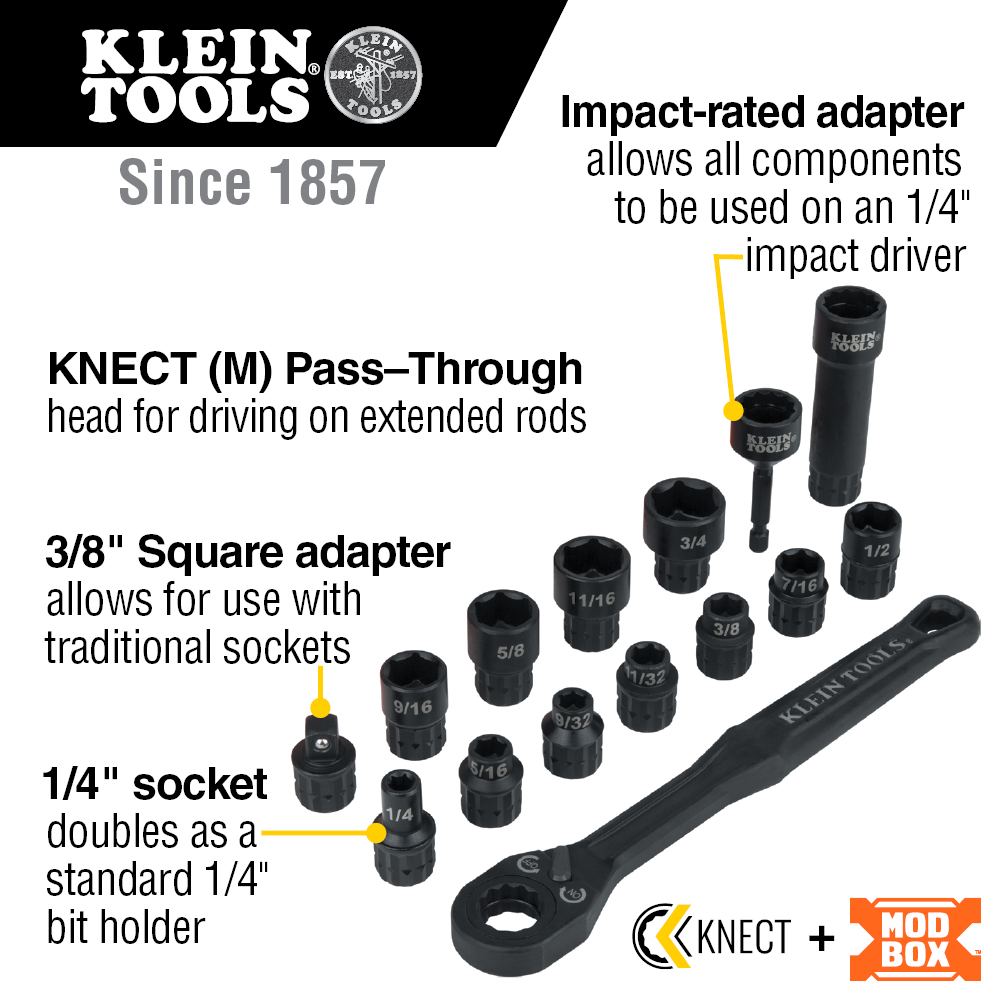 Klein KNECT 3/8-in. Drive Impact-Rated Pass Through Socket Set, 15-Piece