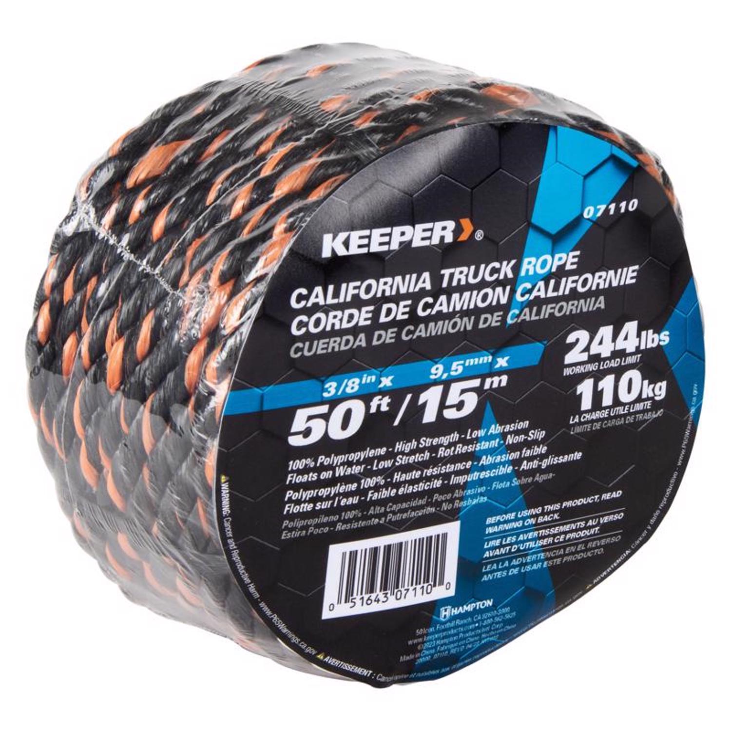 Keeper 3/8 in. W X 50 ft. L Black/Orange Truck Rope 244 lb 1 pk