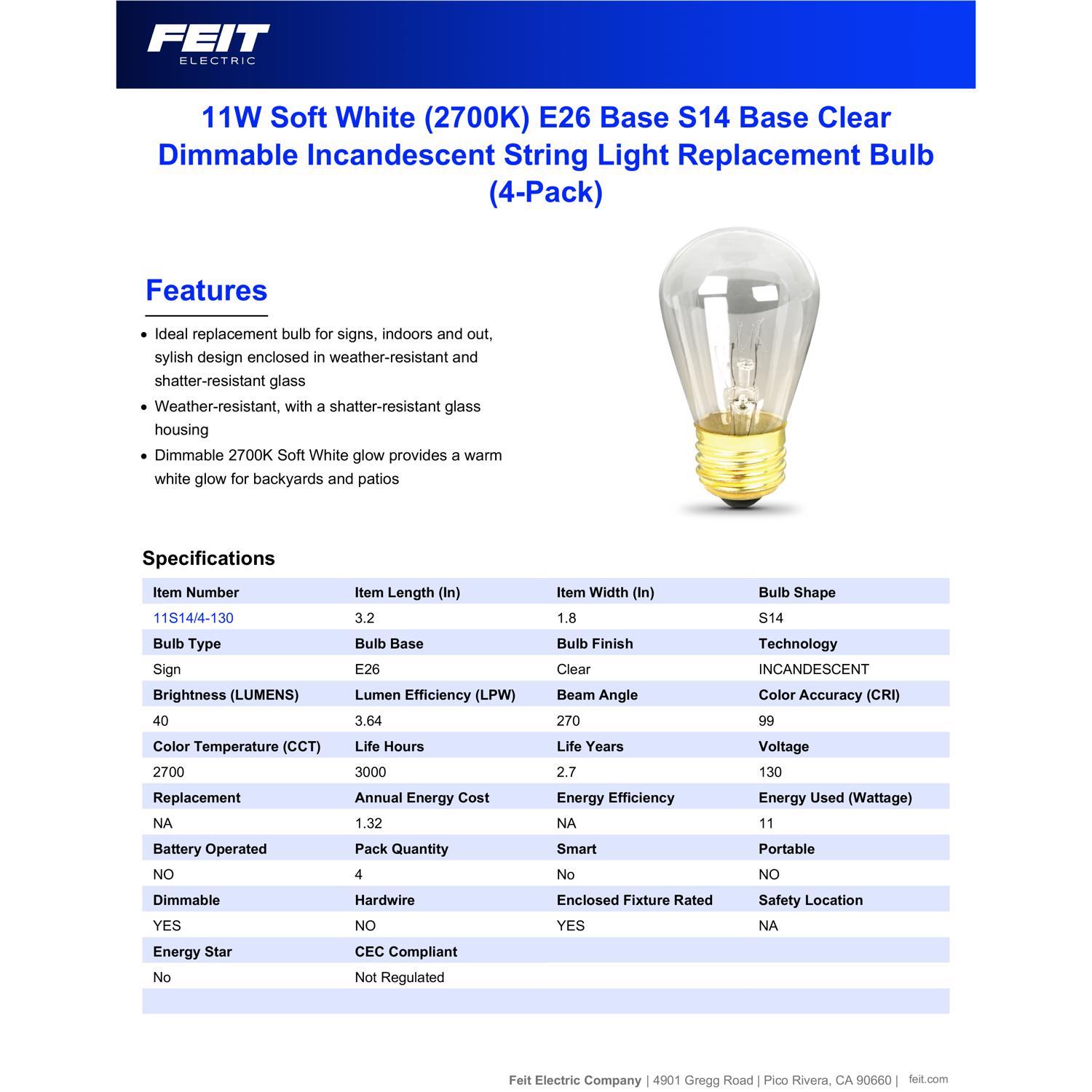Feit 11 W S14 Decorative Incandescent Bulb E26 (Medium) Soft White 4 pk