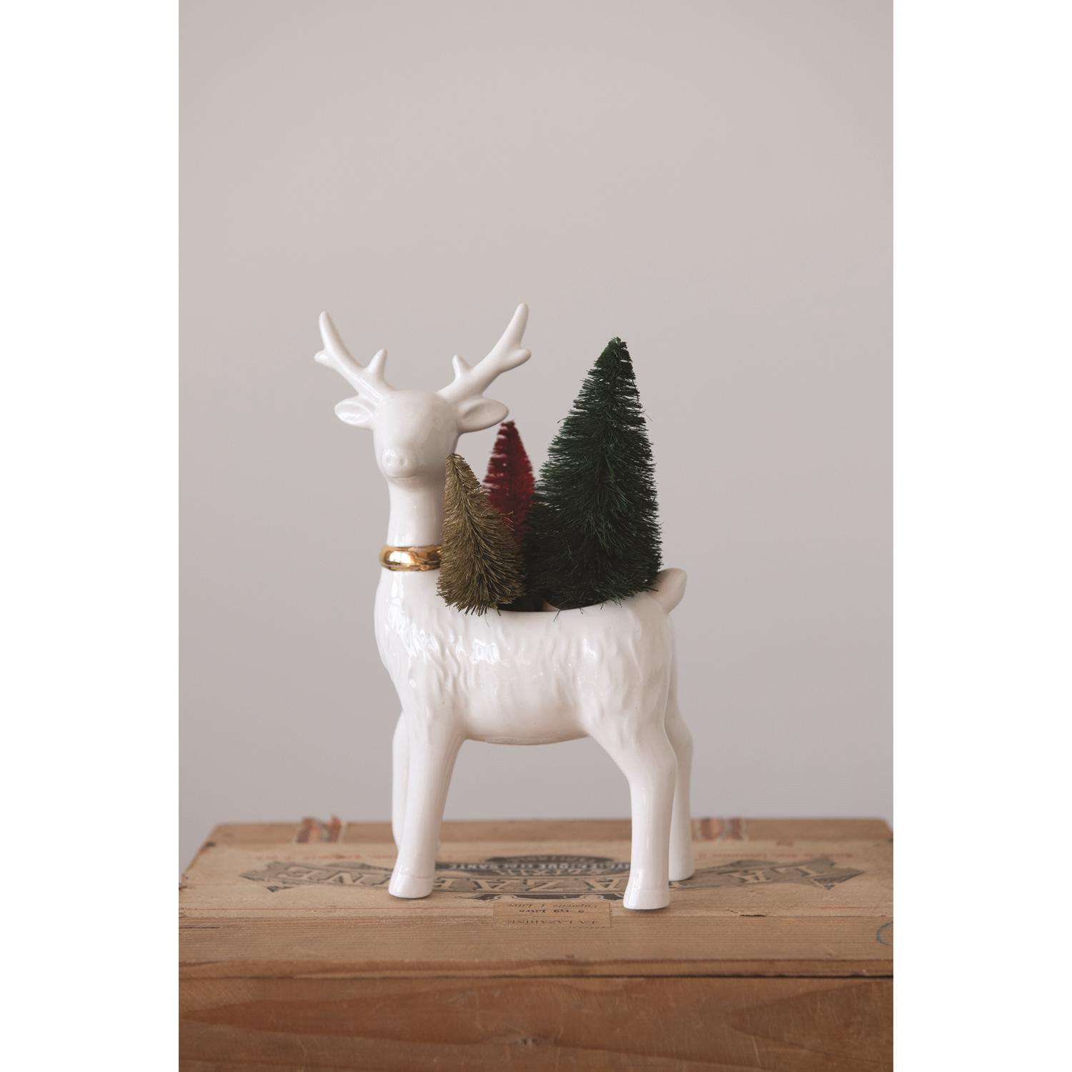Creative Co-Op White Reindeer Flower Pot with Gold Electroplating Indoor Christmas Decor 7.5 in.