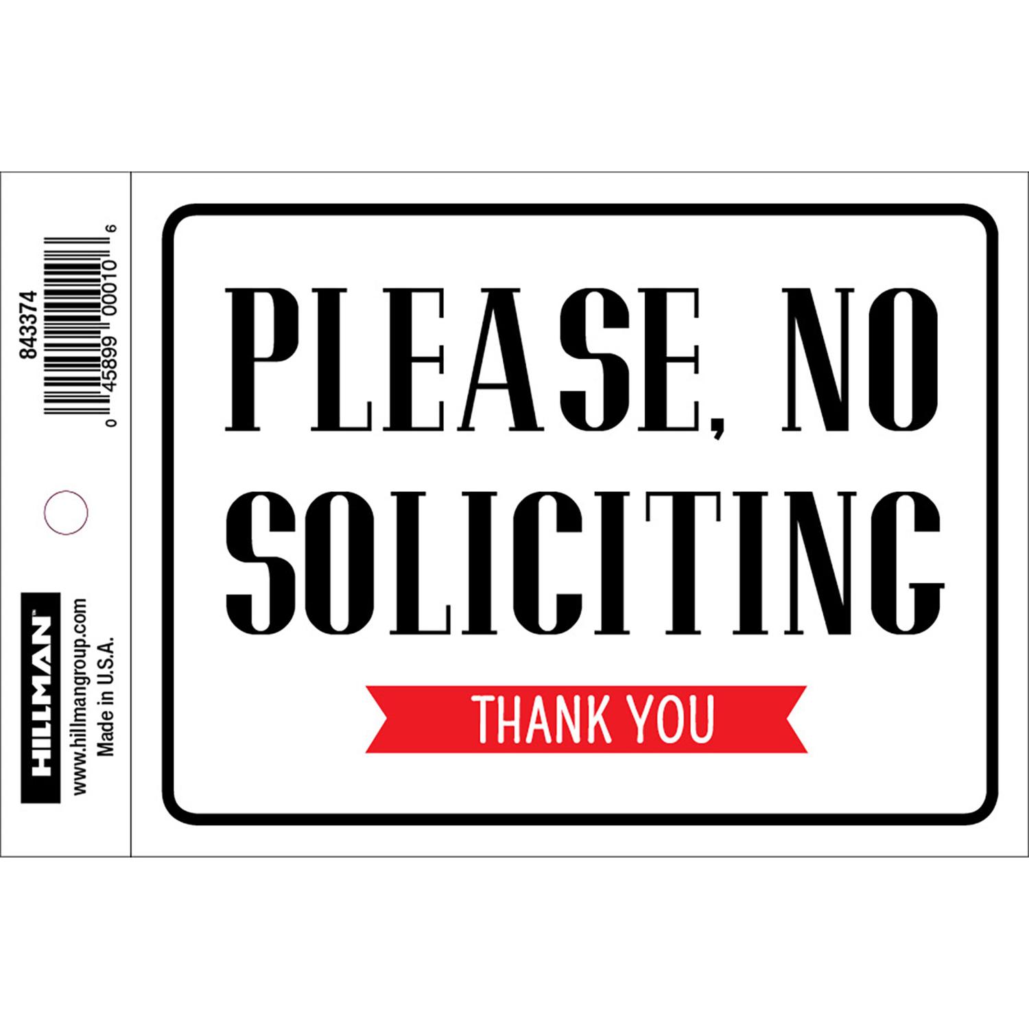 HILLMAN English White No Soliciting Decal 4 in. H X 6 in. W