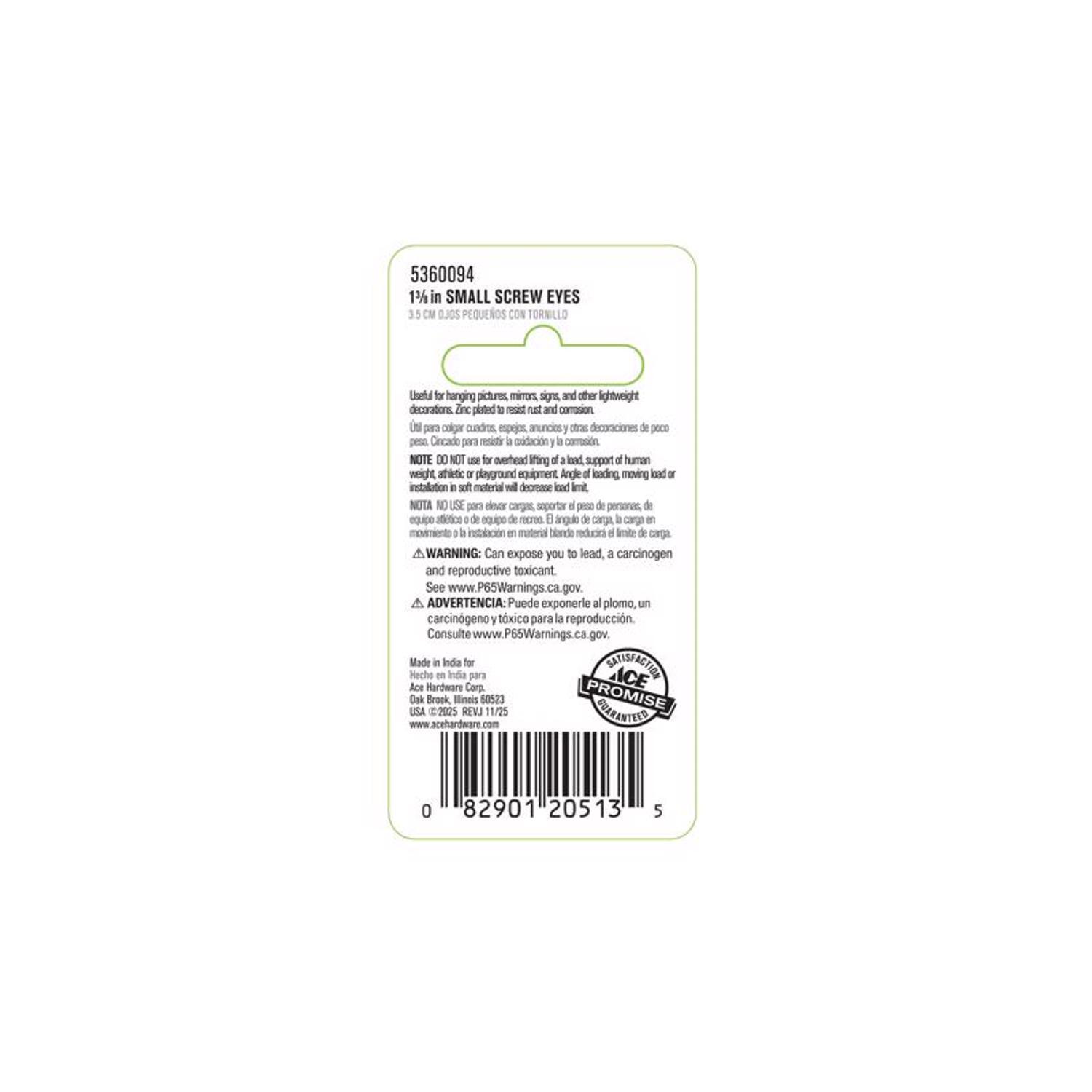 Ace 3/16 in. D X 1-3/8 in. L Zinc-Plated Steel Screw Eye 90 lb. cap. 6 pk