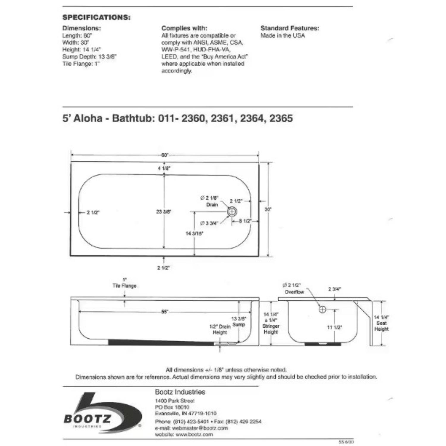 Bootz 14.25 in. H X 30 in. W X 60 in. L White Bathtub