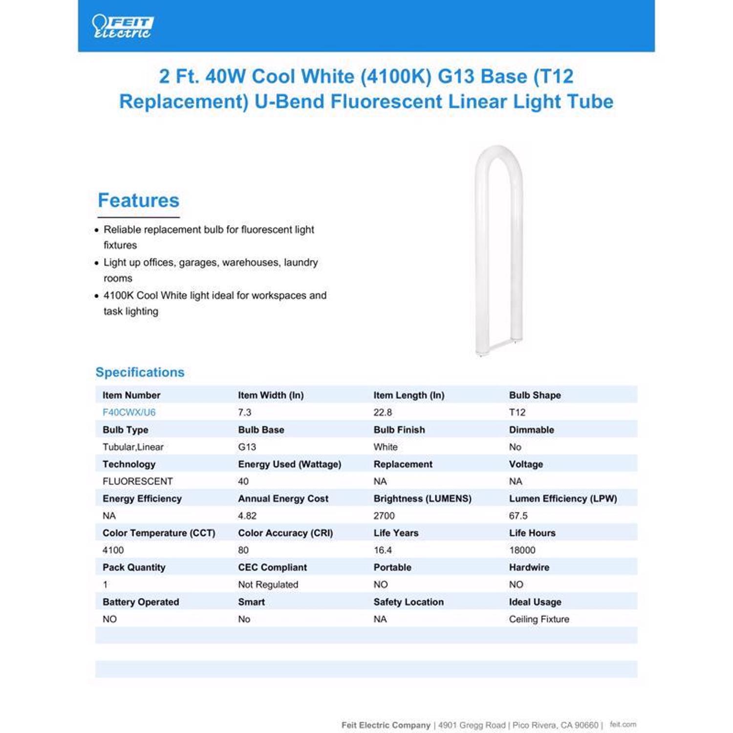 Feit Legacy Bulbs 40 W T12 7.3 in. D X 22.8 in. L Fluorescent Bulb Cool White U-Bend 4100 K 1 pk