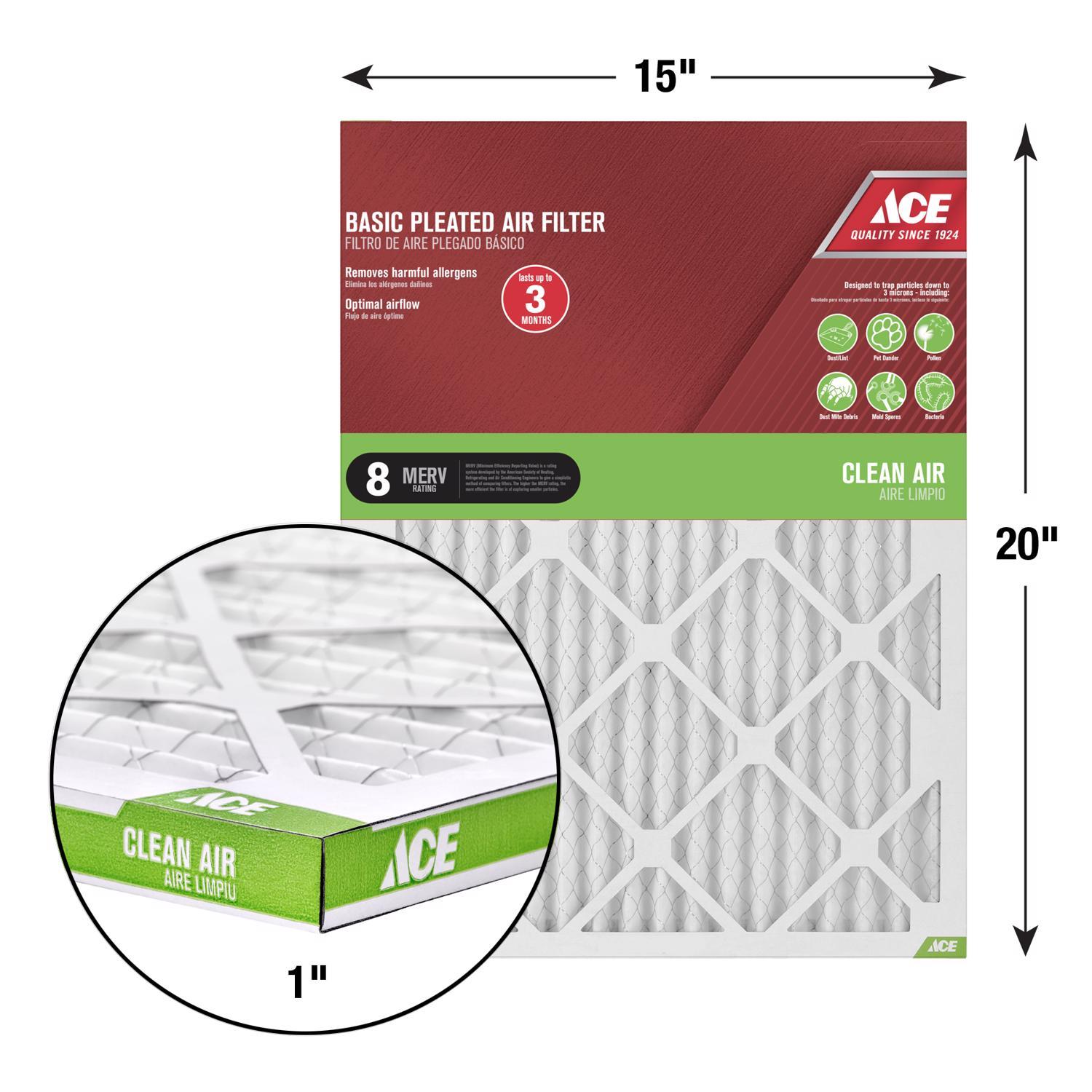 Ace 15 in. W X 20 in. H X 1 in. Synthetic 8 MERV Pleated Air Filter 1 pk