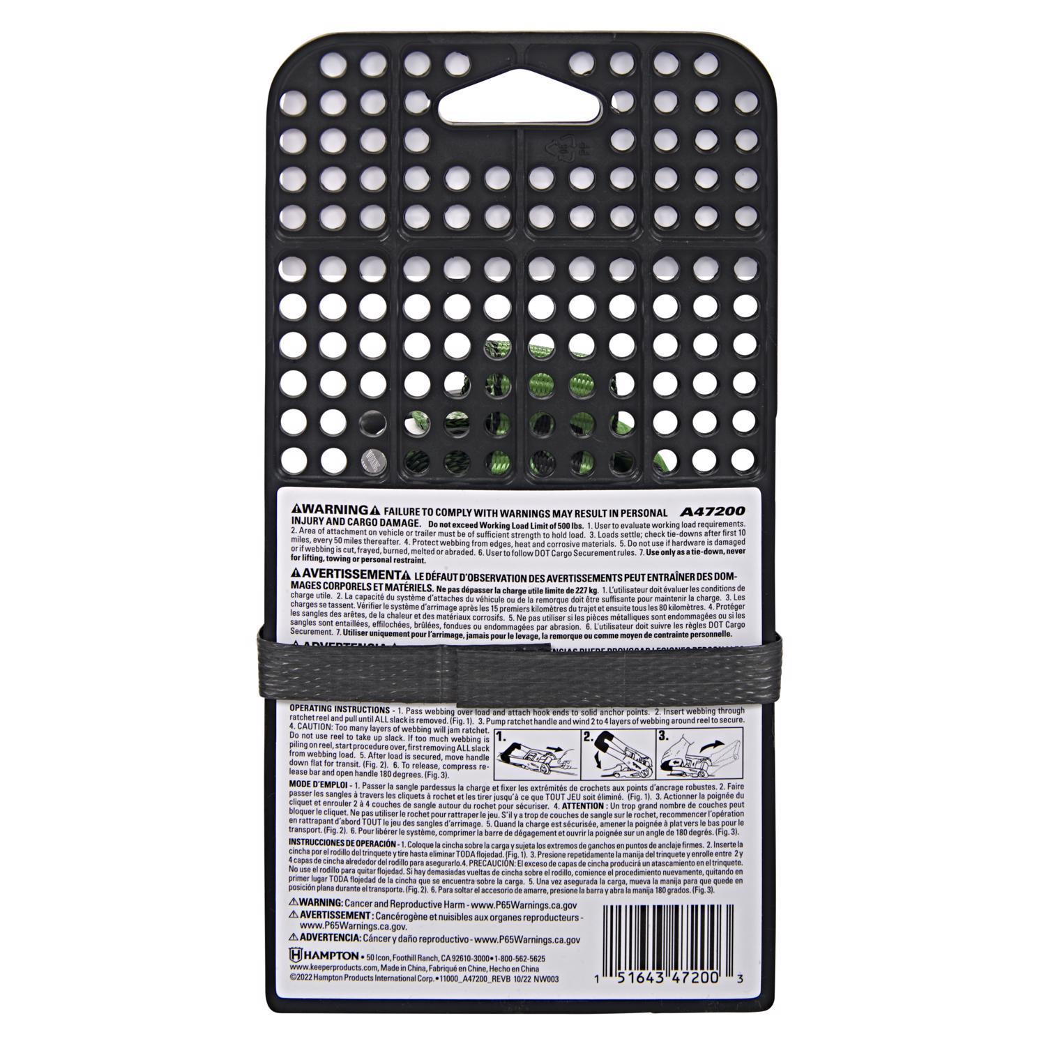 Keeper 1 in. W X 16 ft. L Green Ratchet Tie Down Strap 500 lb 1 pk