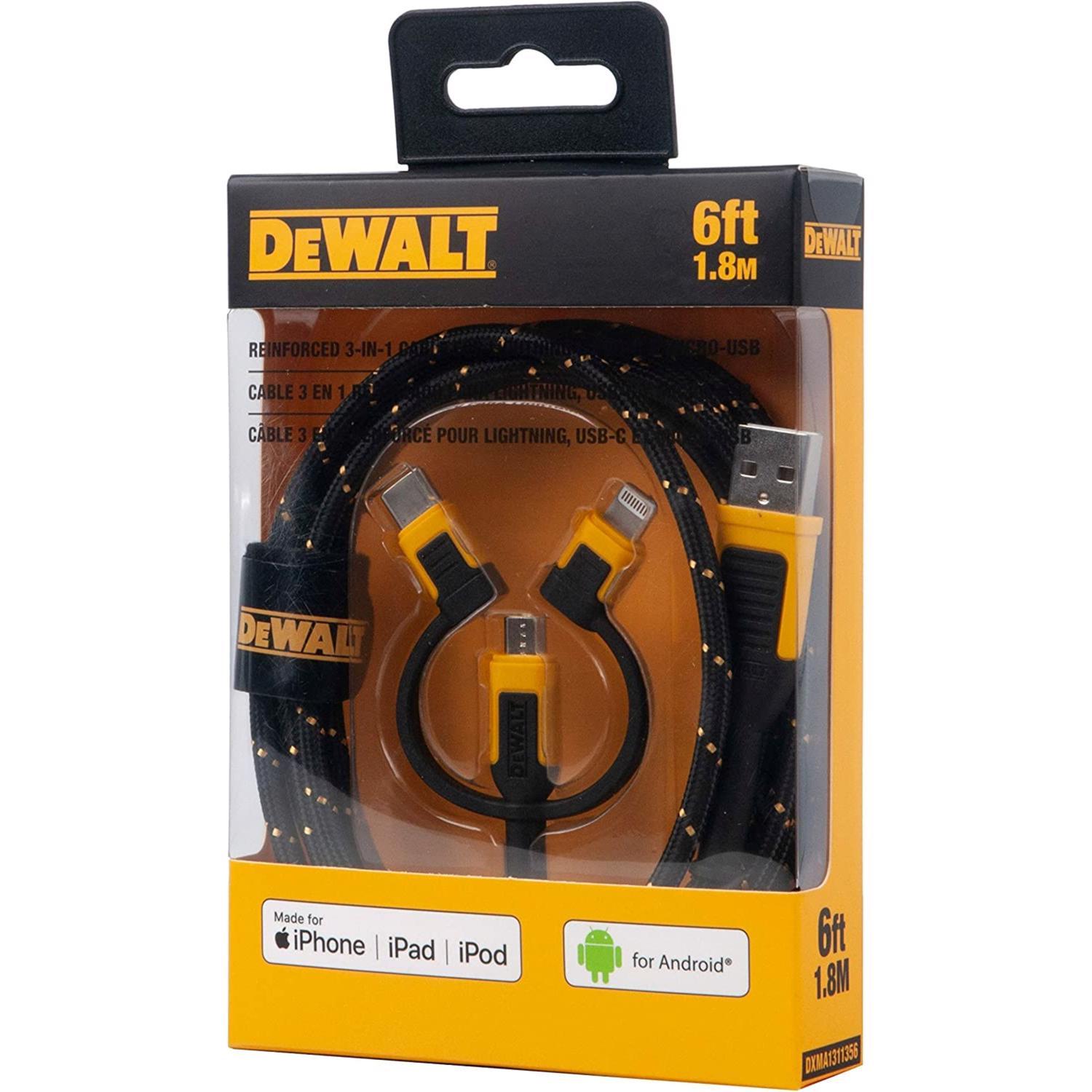 DeWalt Lightning, Type C and Micro USB 3-in-1 Cable 6 ft. Black/Yellow