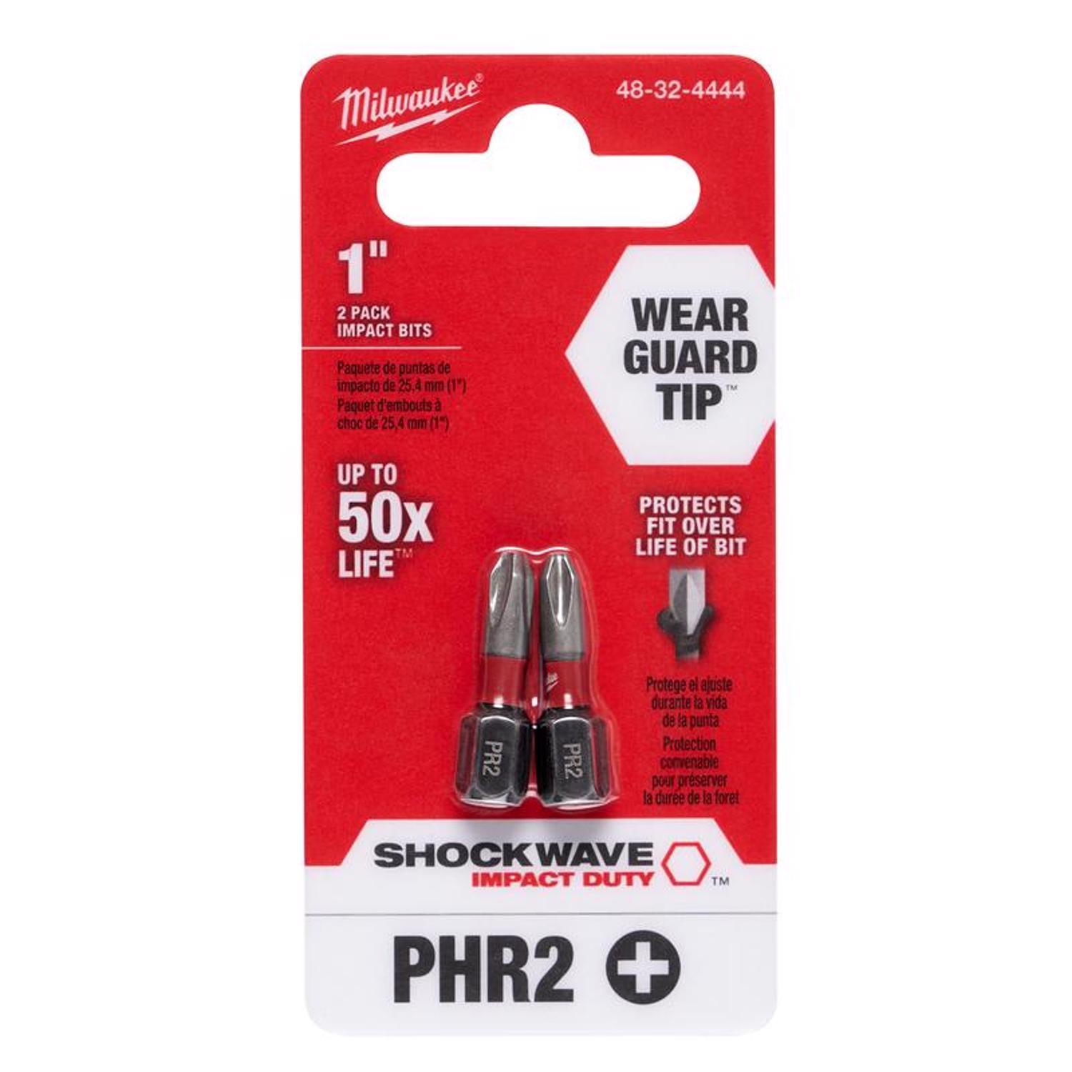 Milwaukee Shockwave Phillips #2 X 1 in. L Impact Reduced Insert Bit Steel 2 pk