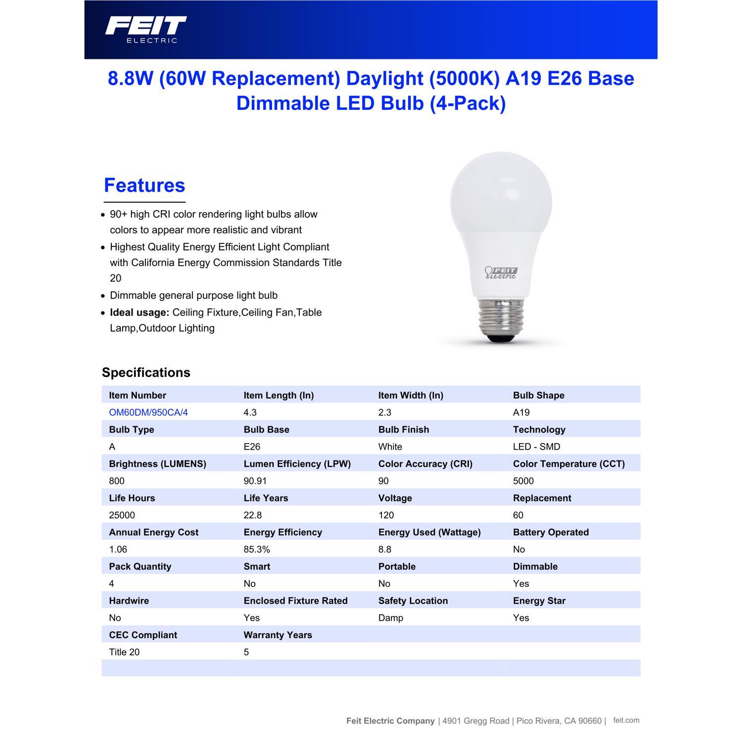 Feit A19 E26 (Medium) LED Bulb Daylight 60 Watt Equivalence 4 pk