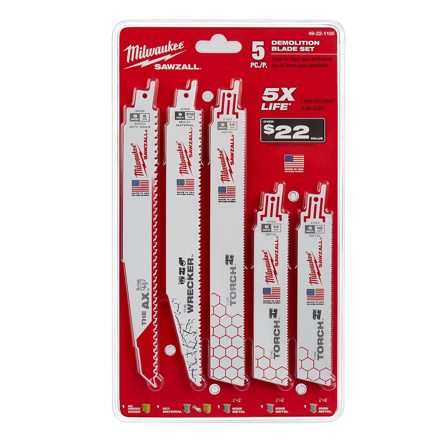 Milwaukee Sawzall 6 and 9 in. Bi-Metal Demolition Blade Set Multi TPI 5 pc