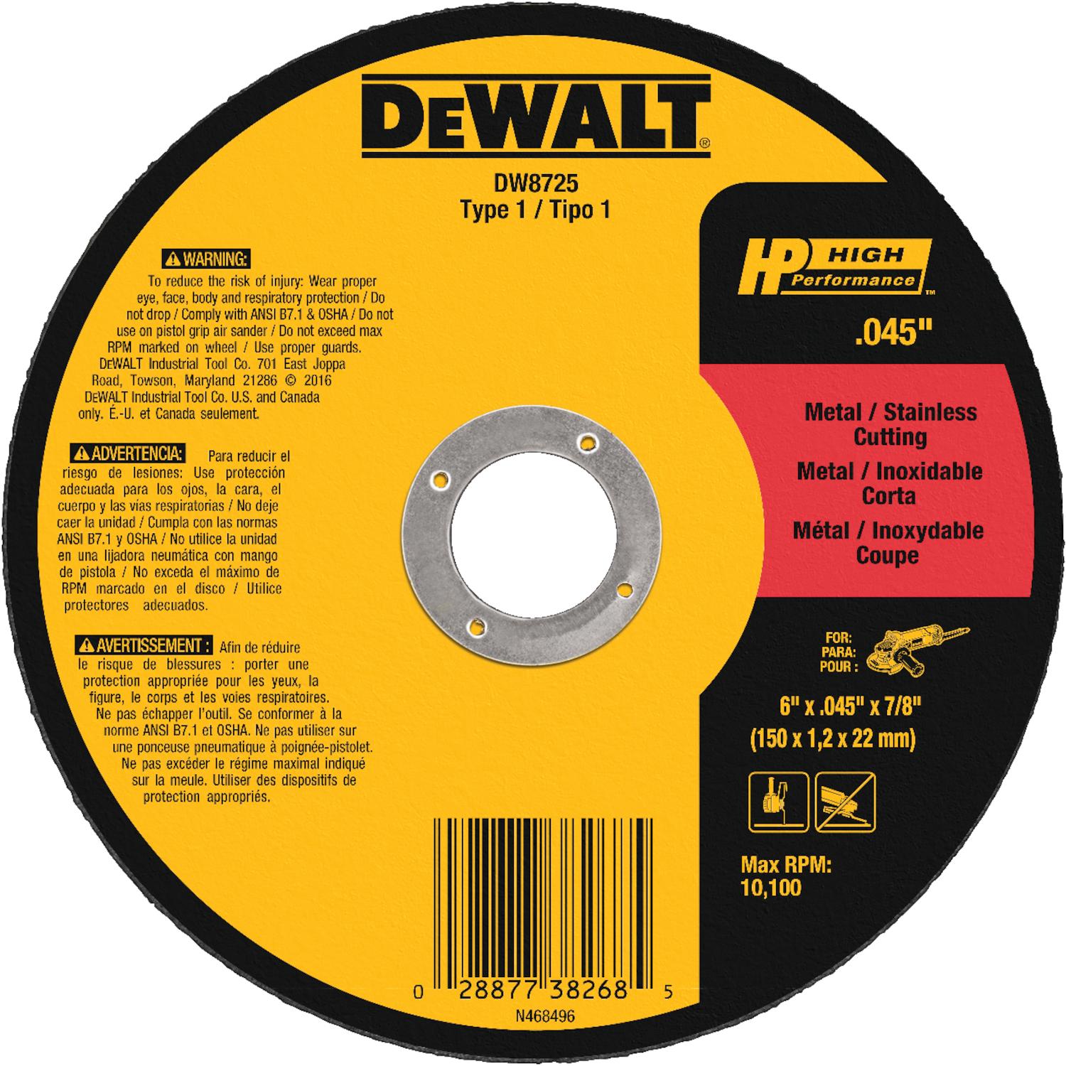 DeWalt High Performance 6 in. D X 7/8 in. X.045 in. thick Aluminum Oxide Cut-Off Wheel 1 pc