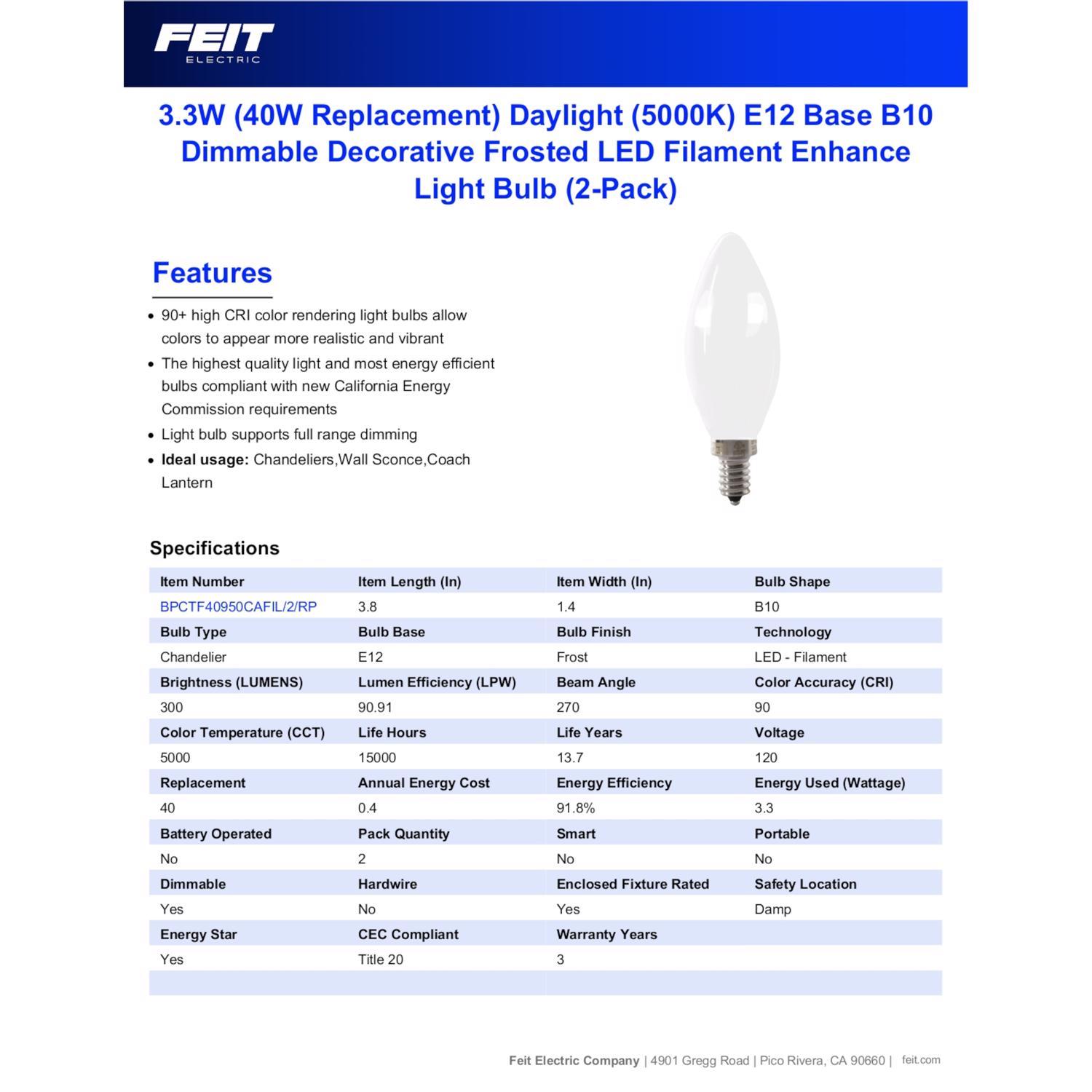 Feit Enhance B10 E12 (Candelabra) Filament LED Bulb Daylight 40 Watt Equivalence 2 pk
