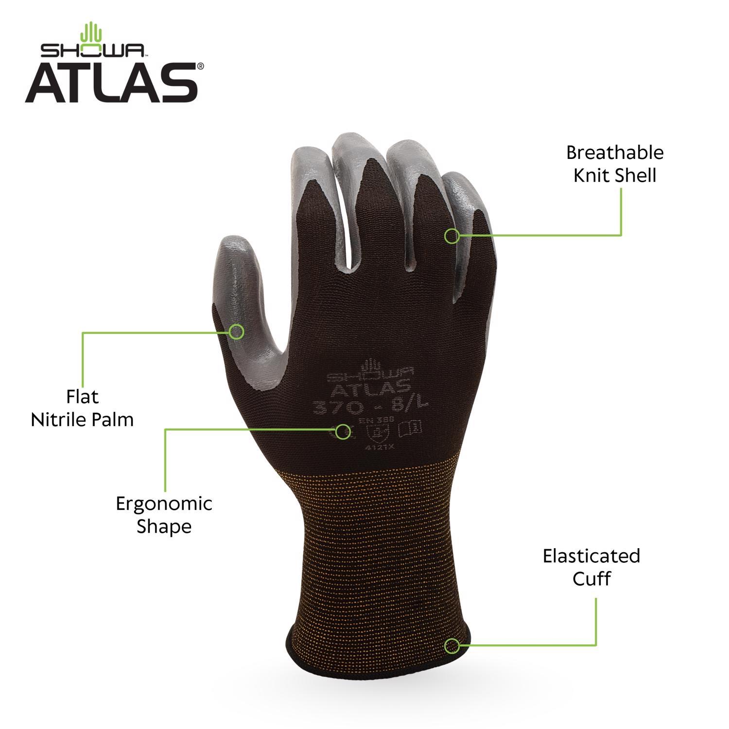 SHOWA ATLAS 370B Unisex Indoor/Outdoor Dipped Work Gloves Black/Gray L 1 pair