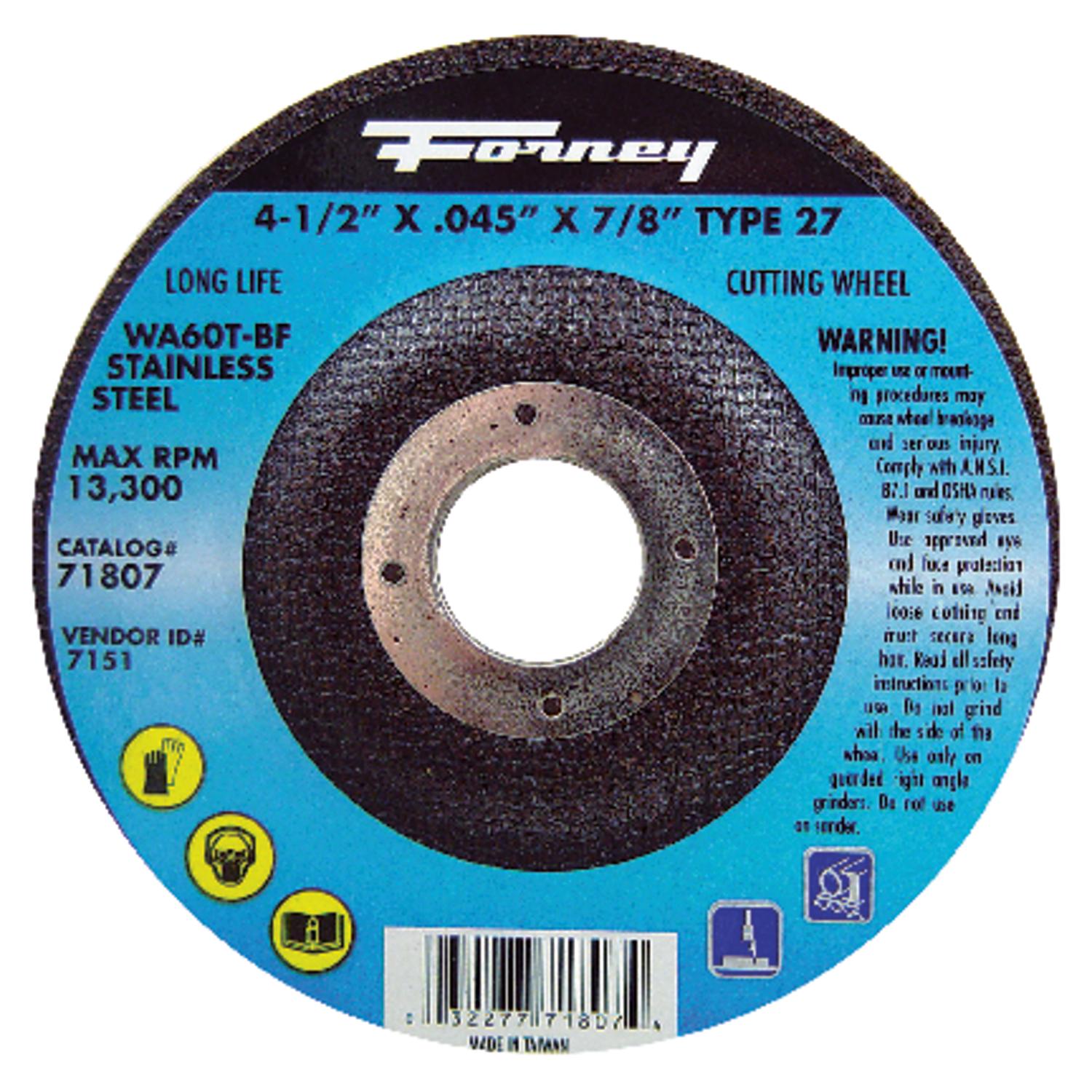 Forney 4-1/2 in. D X 7/8 in. X.045 in. thick Aluminum Oxide Metal Cut-Off Wheel 1 pc