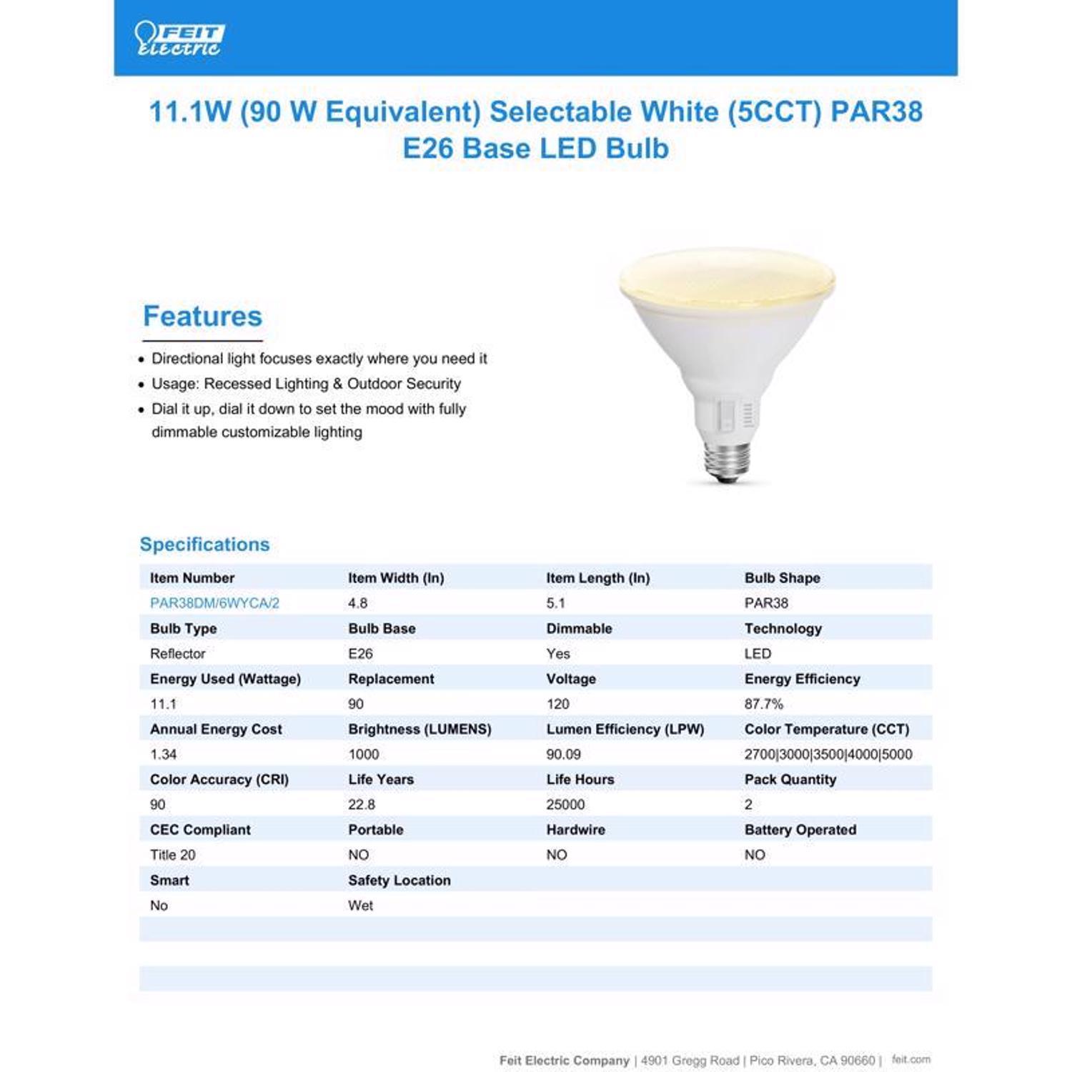Feit PAR38 E26 (Medium) LED Bulb Adjustable White 90 Watt Equivalence 2 pk