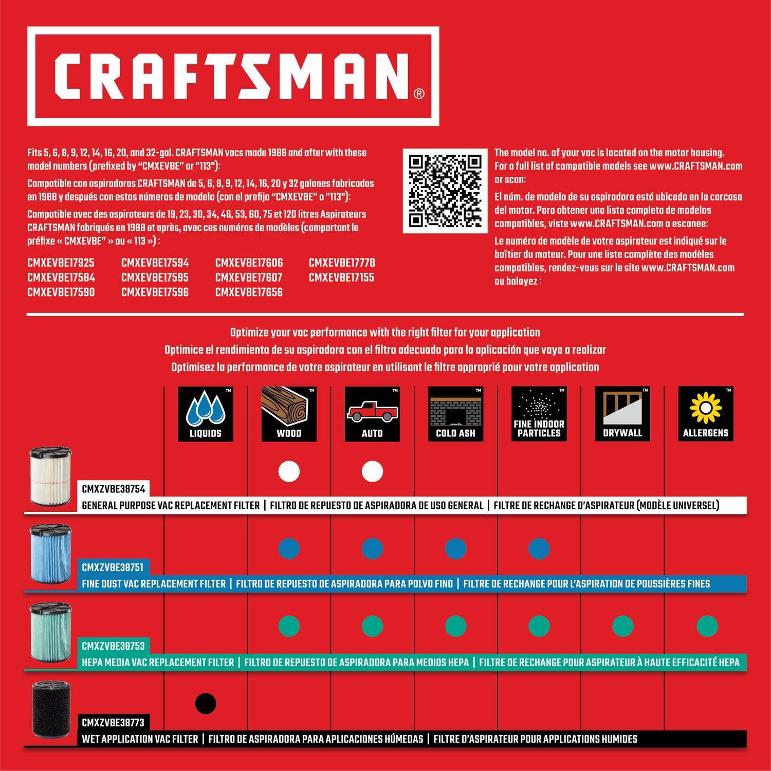 Craftsman 6.75 in. D Fine Dust Wet/Dry Vac Cartridge Filter 5-20 gal 1 pc
