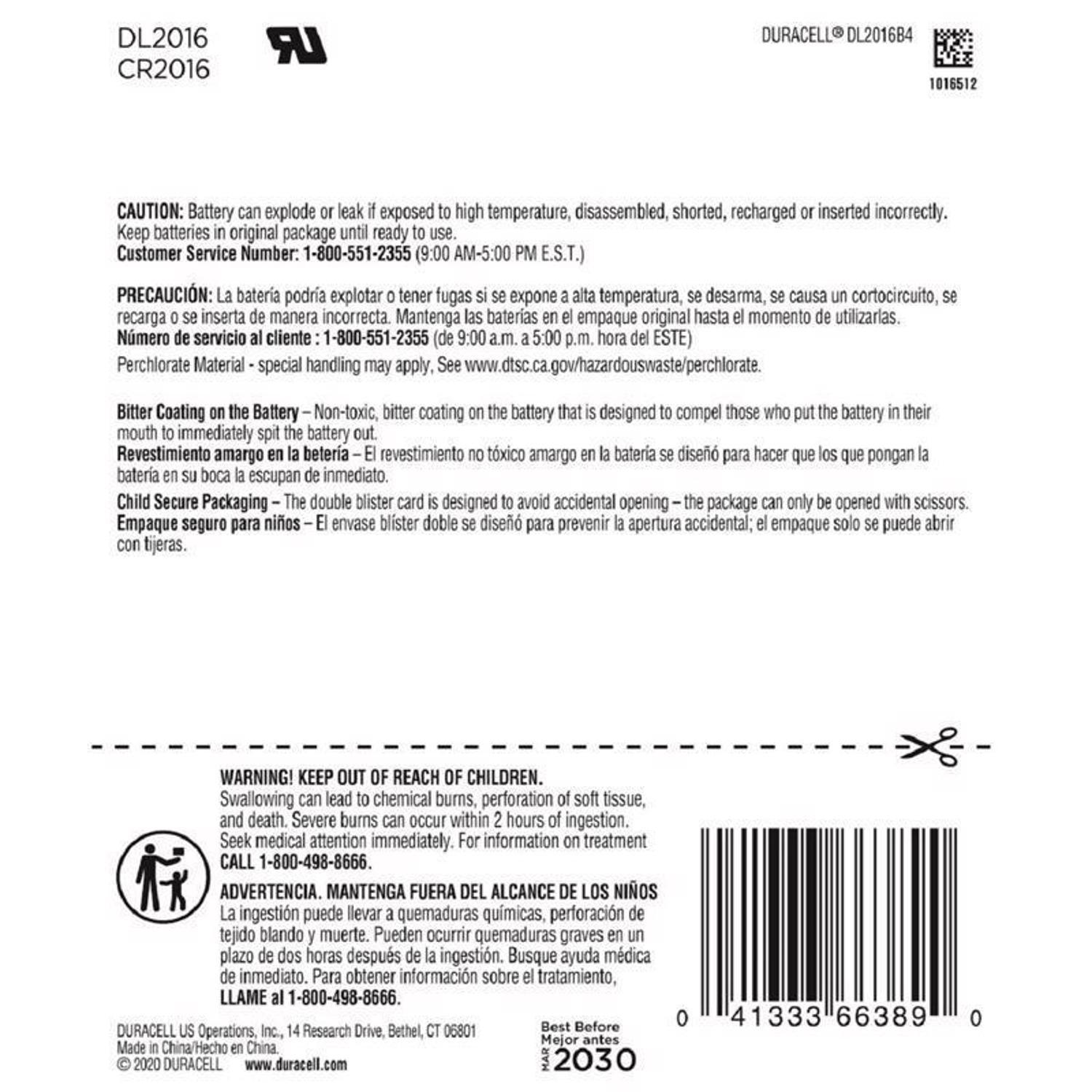 Duracell Lithium Coin DL2016/CR2016 3 V Security and Electronic Battery 1 pk