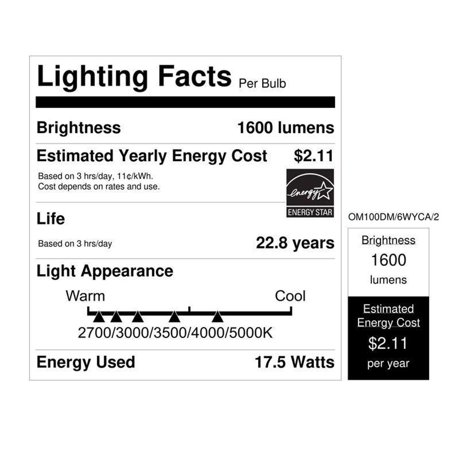 Feit A21 E26 (Medium) LED Bulb Adjustable White 100 Watt Equivalence 2 pk