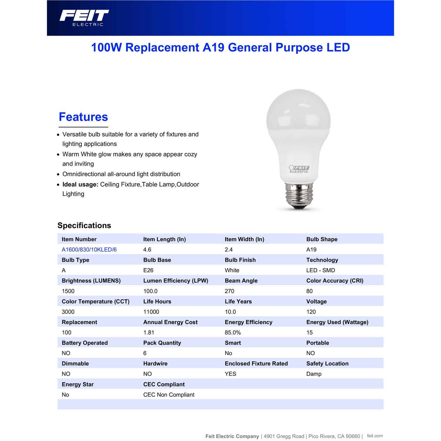 Feit A19 E26 (Medium) LED Bulb Bright White 100 Watt Equivalence 6 pk