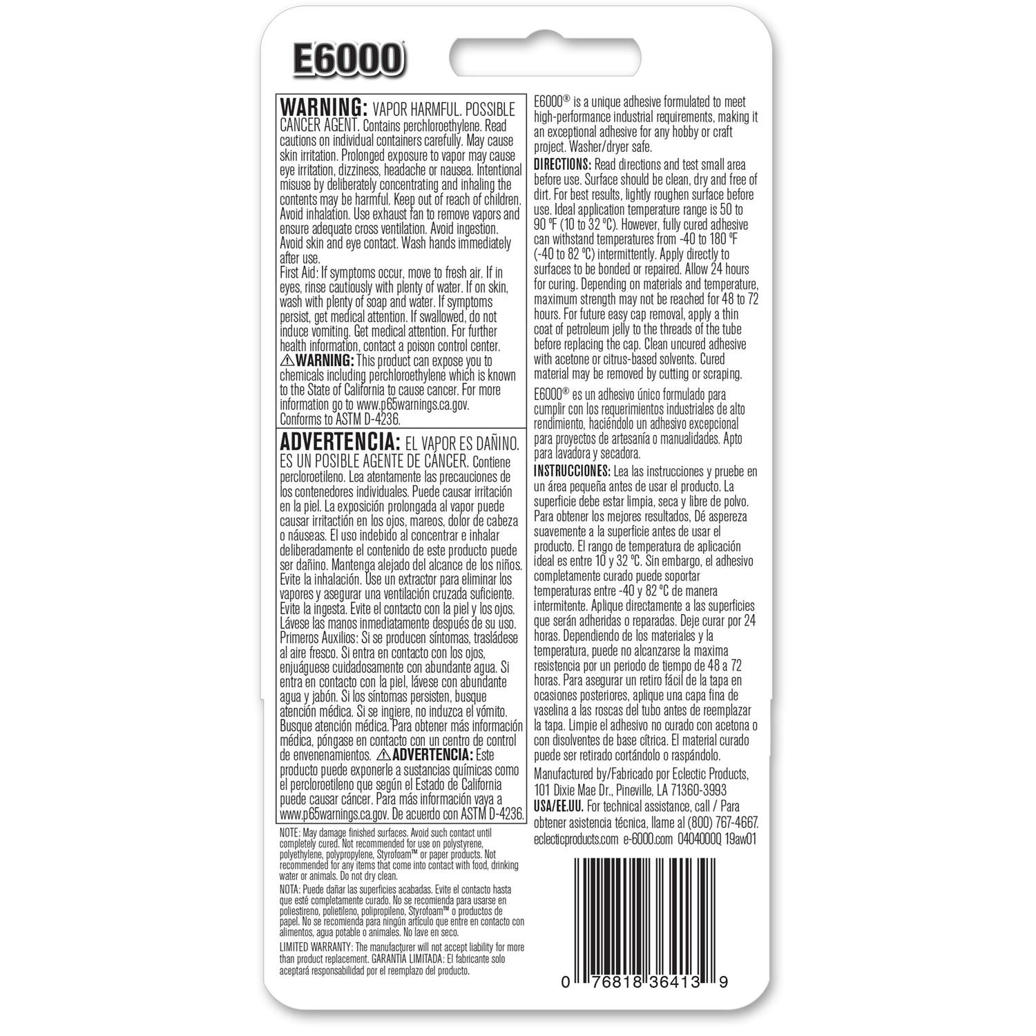 E6000 Craft Industrial Strength High Strength Clear All Purpose Adhesive 2 oz