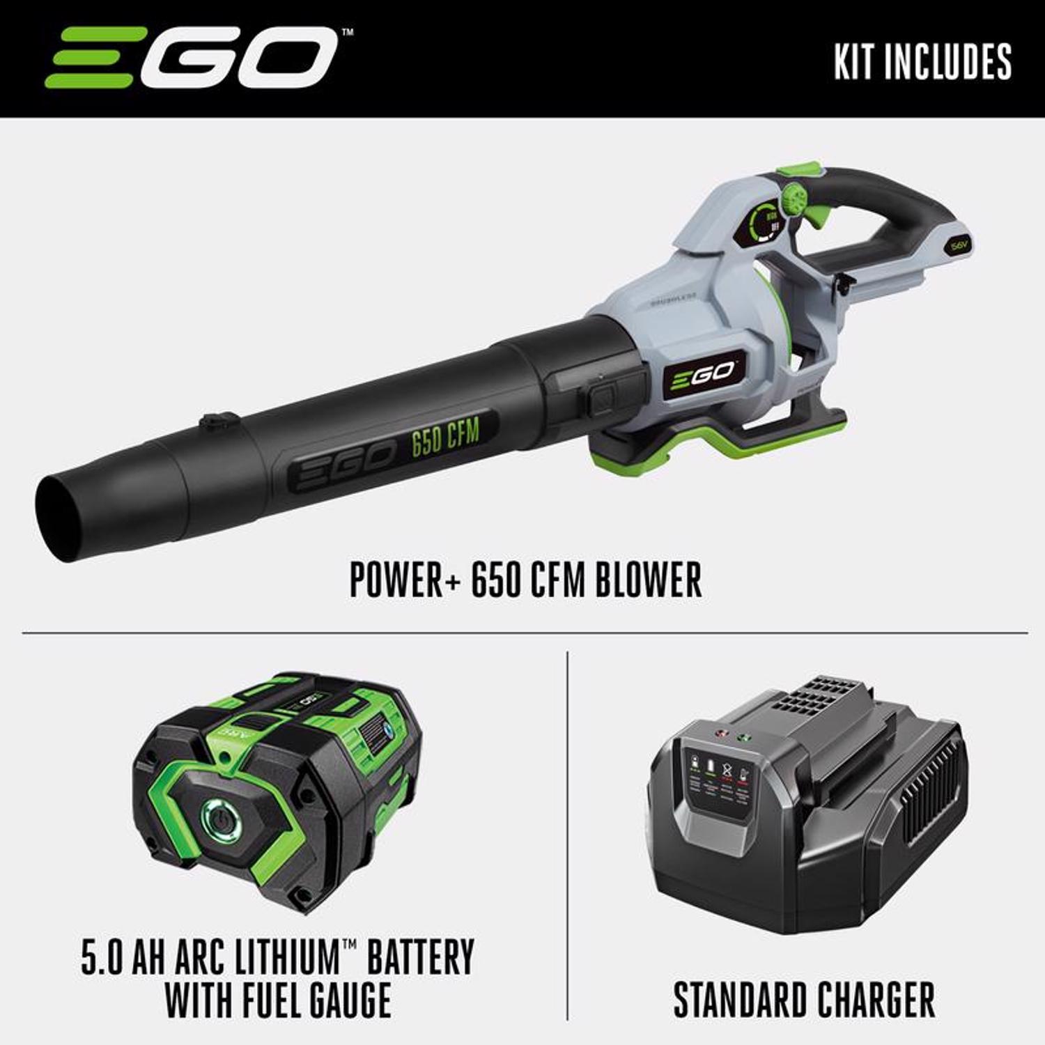 Ego Power+ LB6504 180 Mph 650 Cfm 56 V Battery Handheld Leaf Blower Kit (Battery & Charger) with 5.0 Ah Battery
