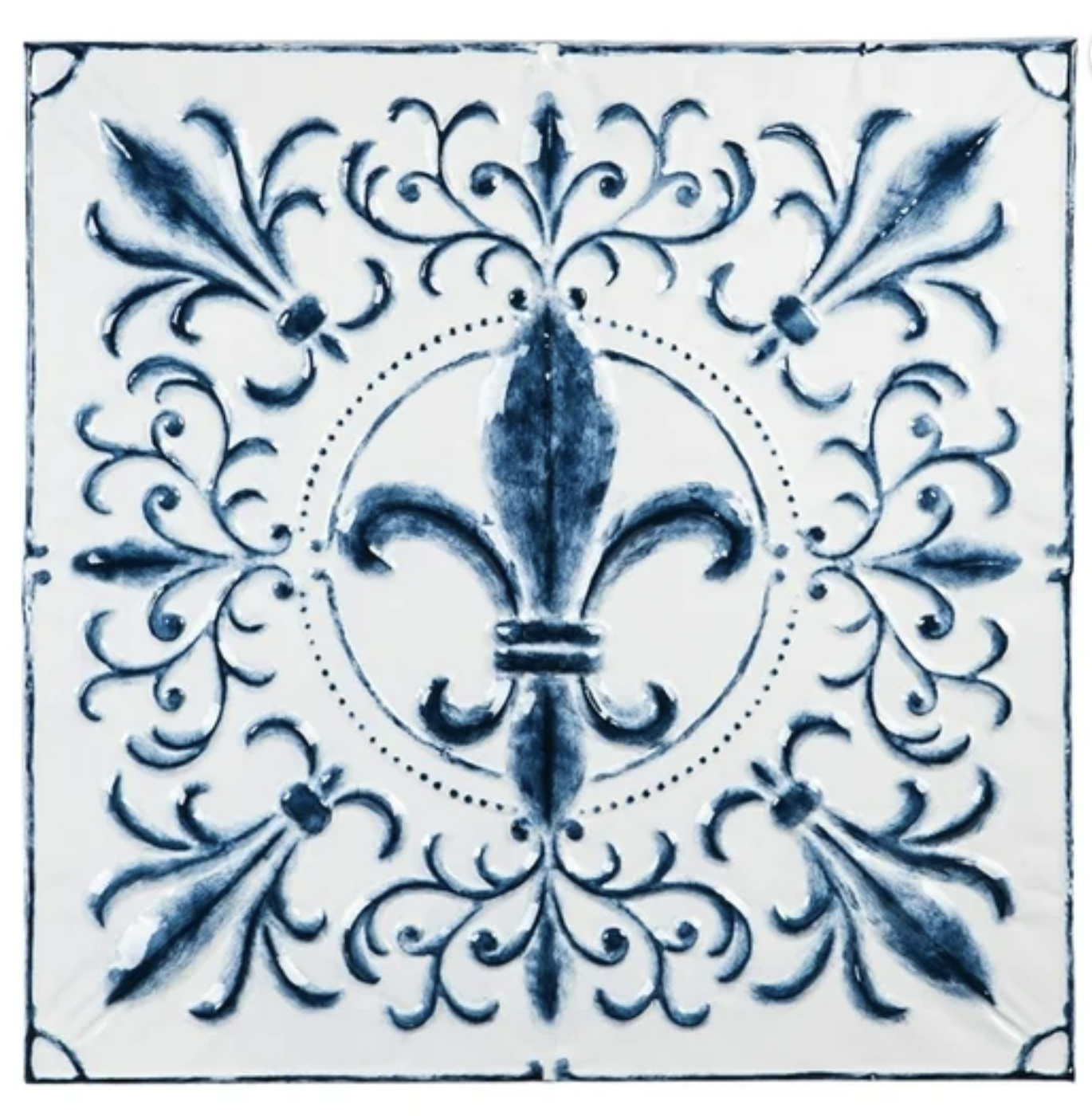 Evergreen Blue and White Embossed Fleur-de-Lis Square Medallion