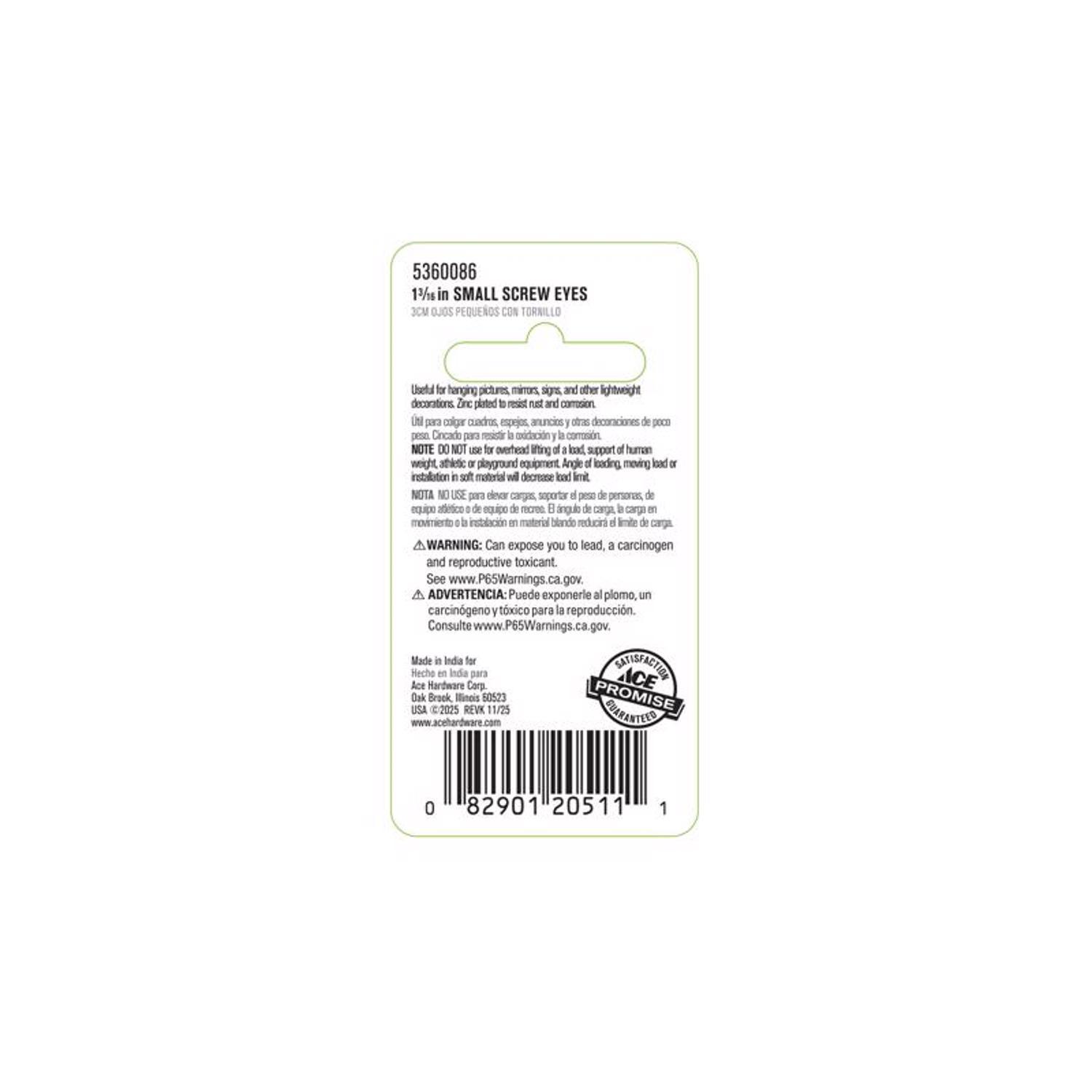Ace 1/8 in. D X 1-3/16 in. L Zinc-Plated Steel Screw Eye 25 lb. cap. 8 pk