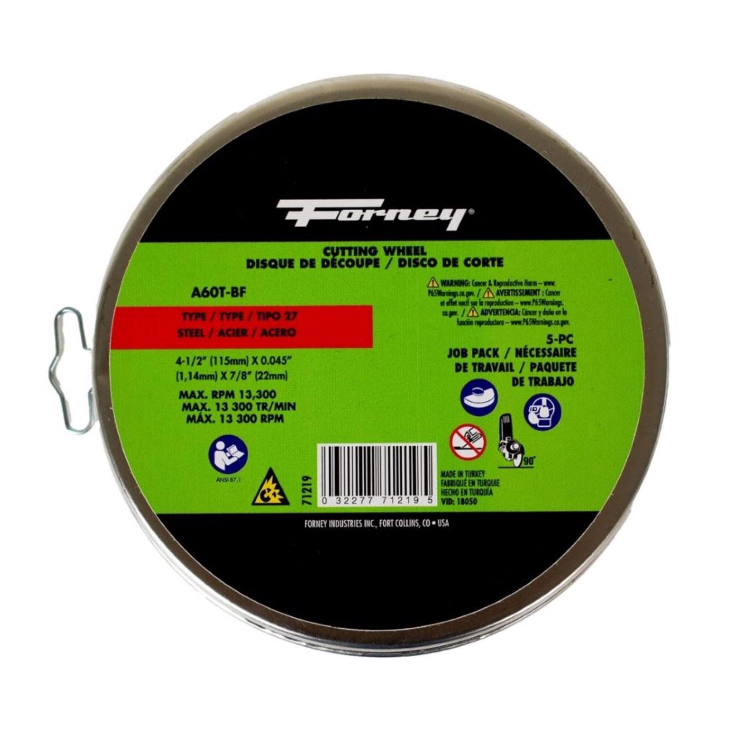 Forney 4-1/2 in. D X 7/8 in. X 1/16 in. thick Aluminum Oxide Metal Cutting Wheel 5 pk